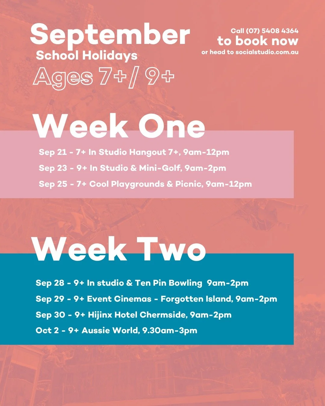 ☀️ SEPTEMBER SCHOOL HOLIDAYS AT SOCIAL STUDIO ☀️
We&rsquo;ve got two weeks packed with outings, adventures, cooking, games and plenty of chances to get out, meet people and try something new.
Programs are available for ages 7+ and 12+, with activitie