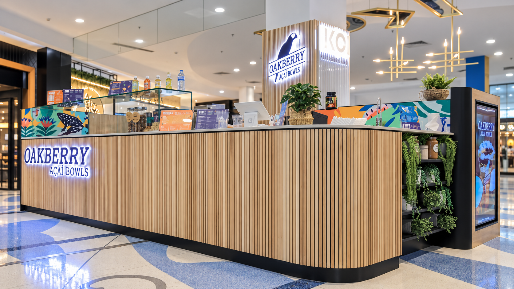 Modern Oakberry Açaí Kiosk in Mall Atrium.png