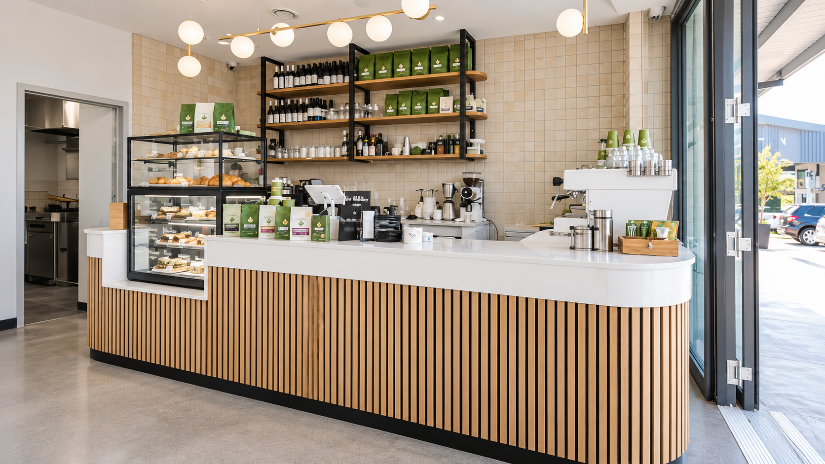 Modern Café Counter with Green Accents.png