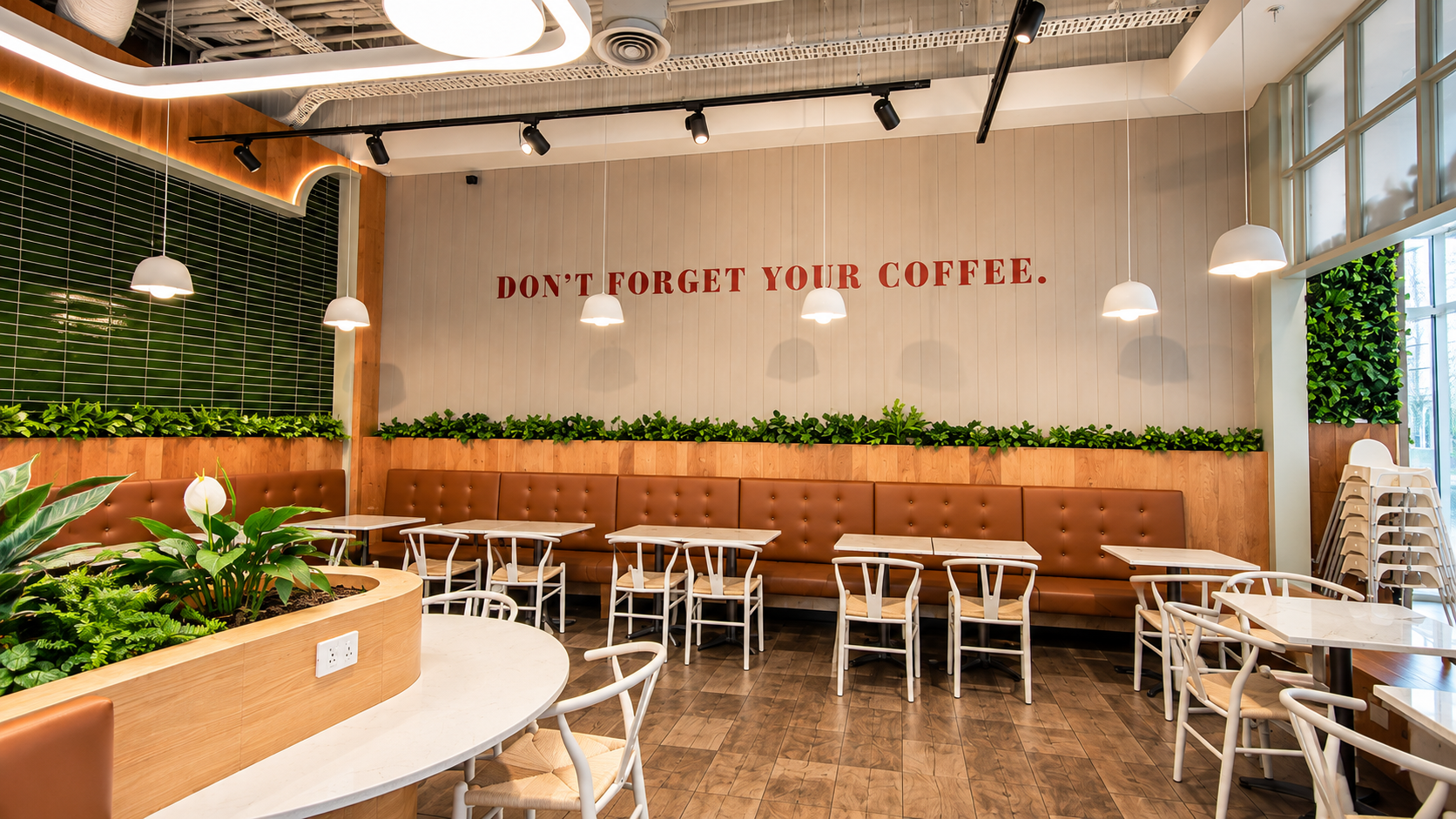Modern Café Interior with Greenery and Slogan.png
