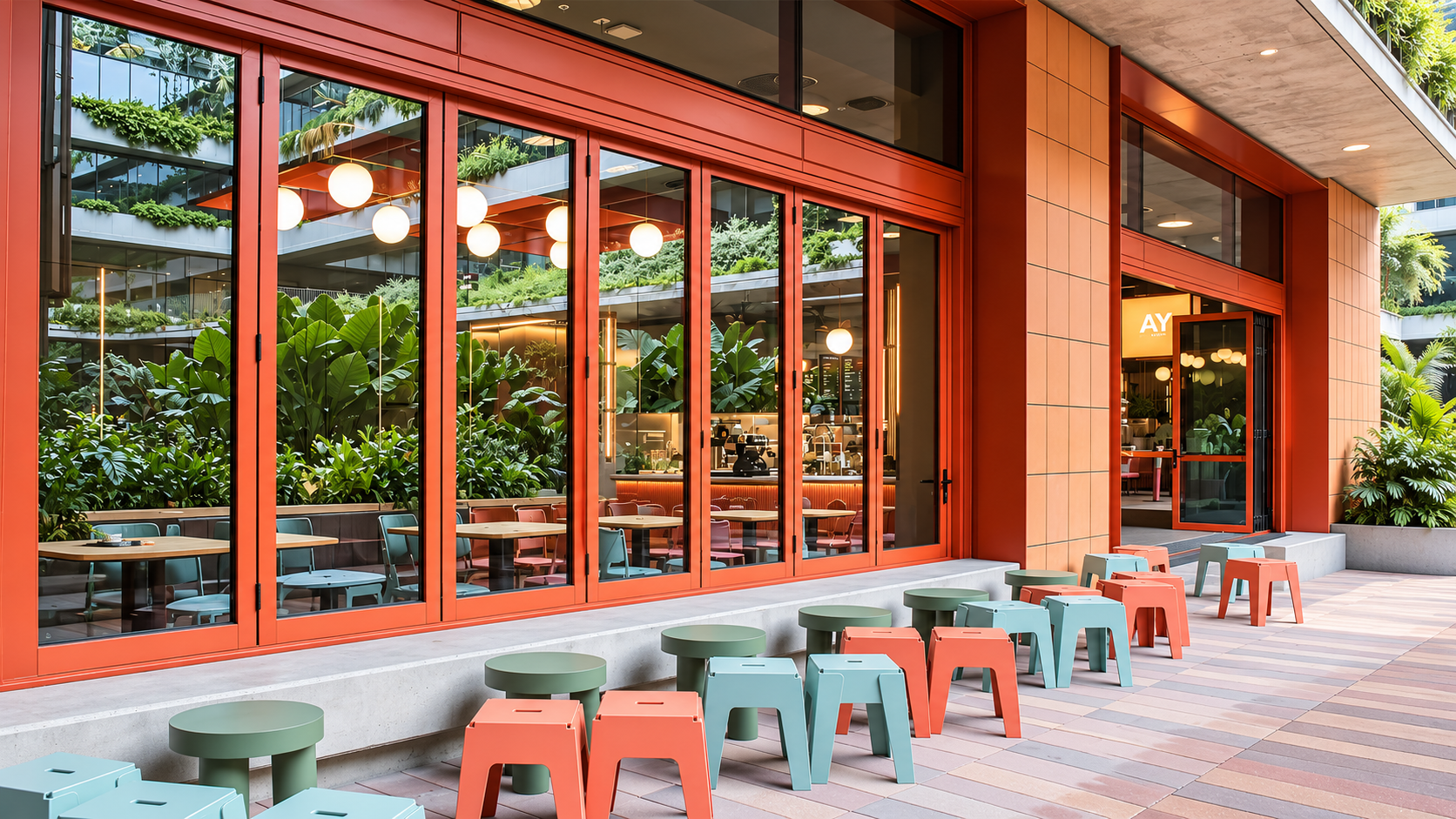 Modern Café Façade with Tropical Greenery.png