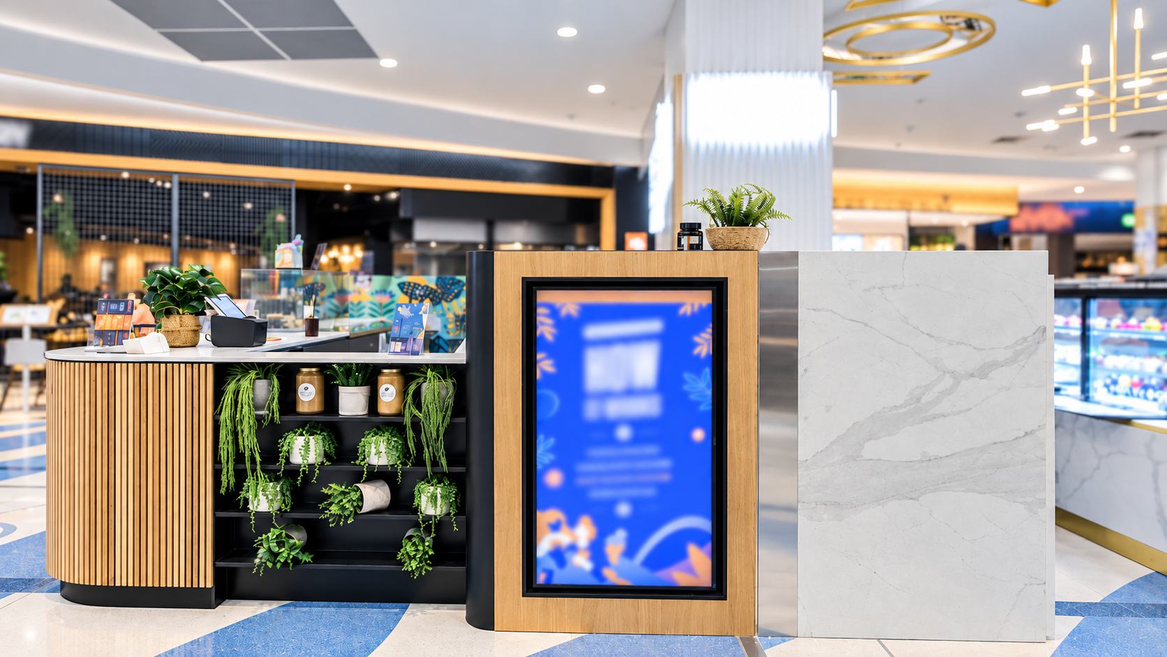 Modern Mall Kiosk with Lush Greenery.png