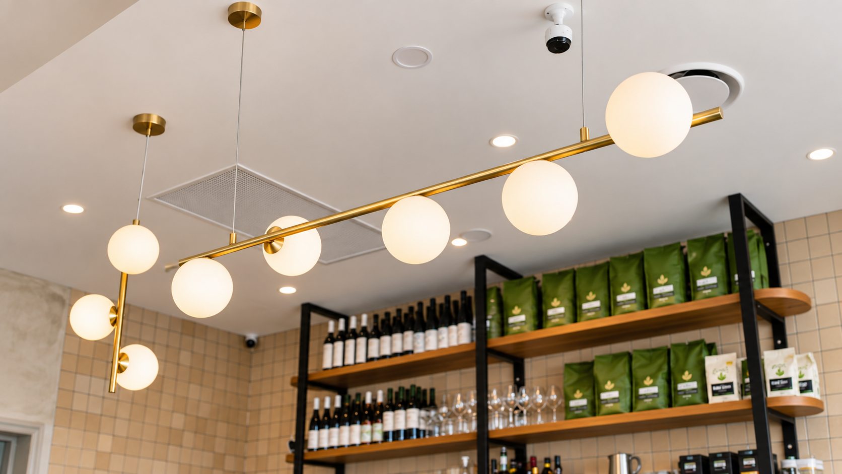 Modern Brass Globe Chandelier in Café Interior.png