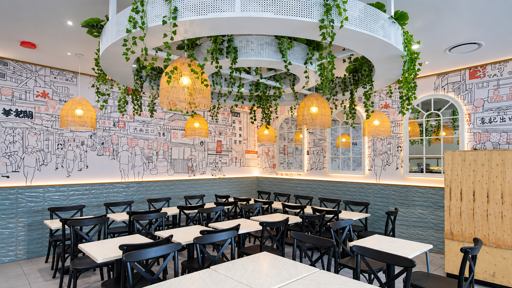 Lush Taiwanese Café Interior with Market Murals.png