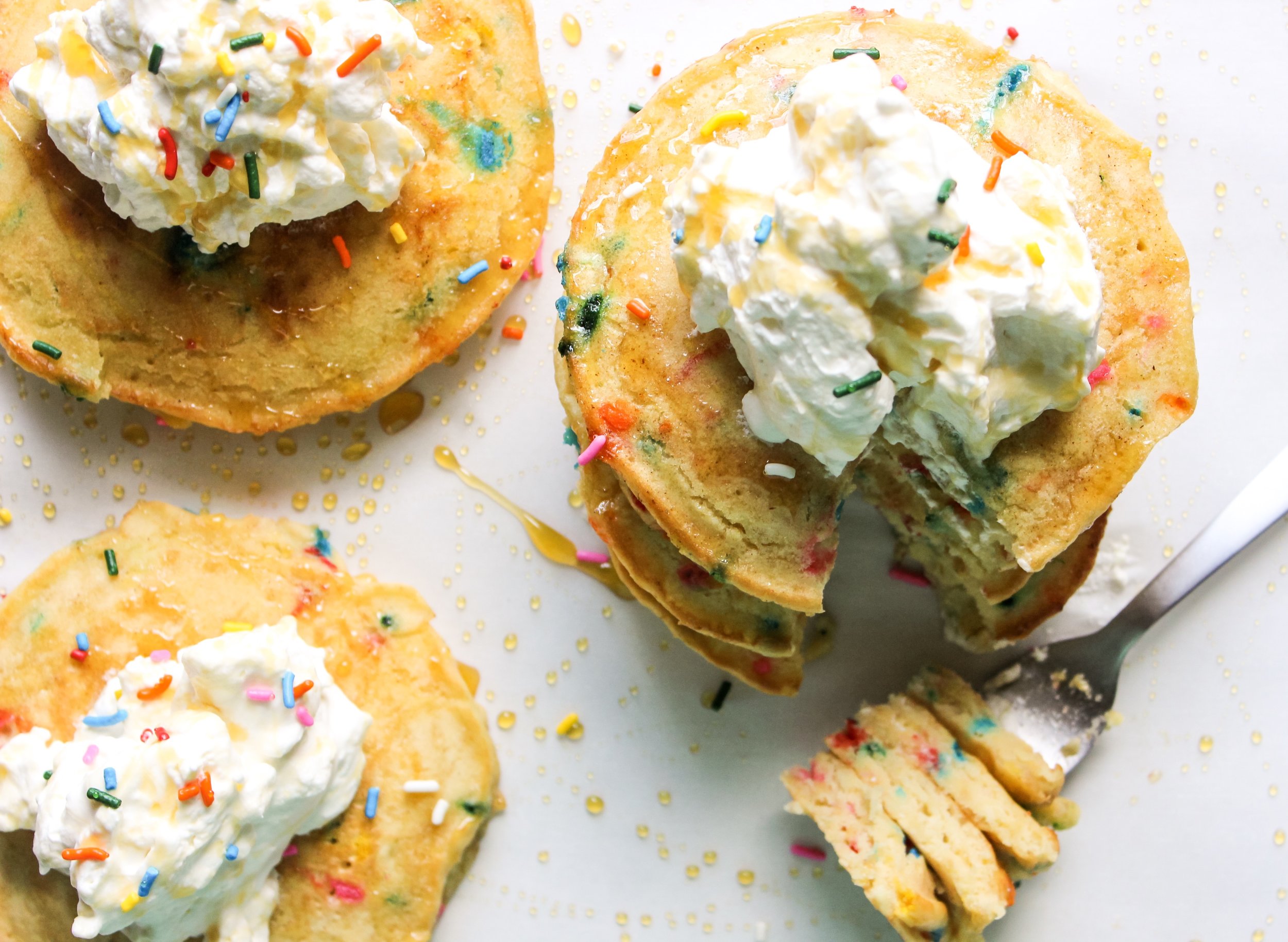 Funfetti Cake Batter Pancakes with Rainbow Chip Icing Syrup Recipe