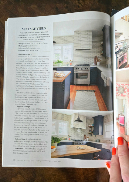 Cottages & Bungalows magazine article about Craftsman kitchen. Blue cabinets with white subway tile. Tiled vent hood.