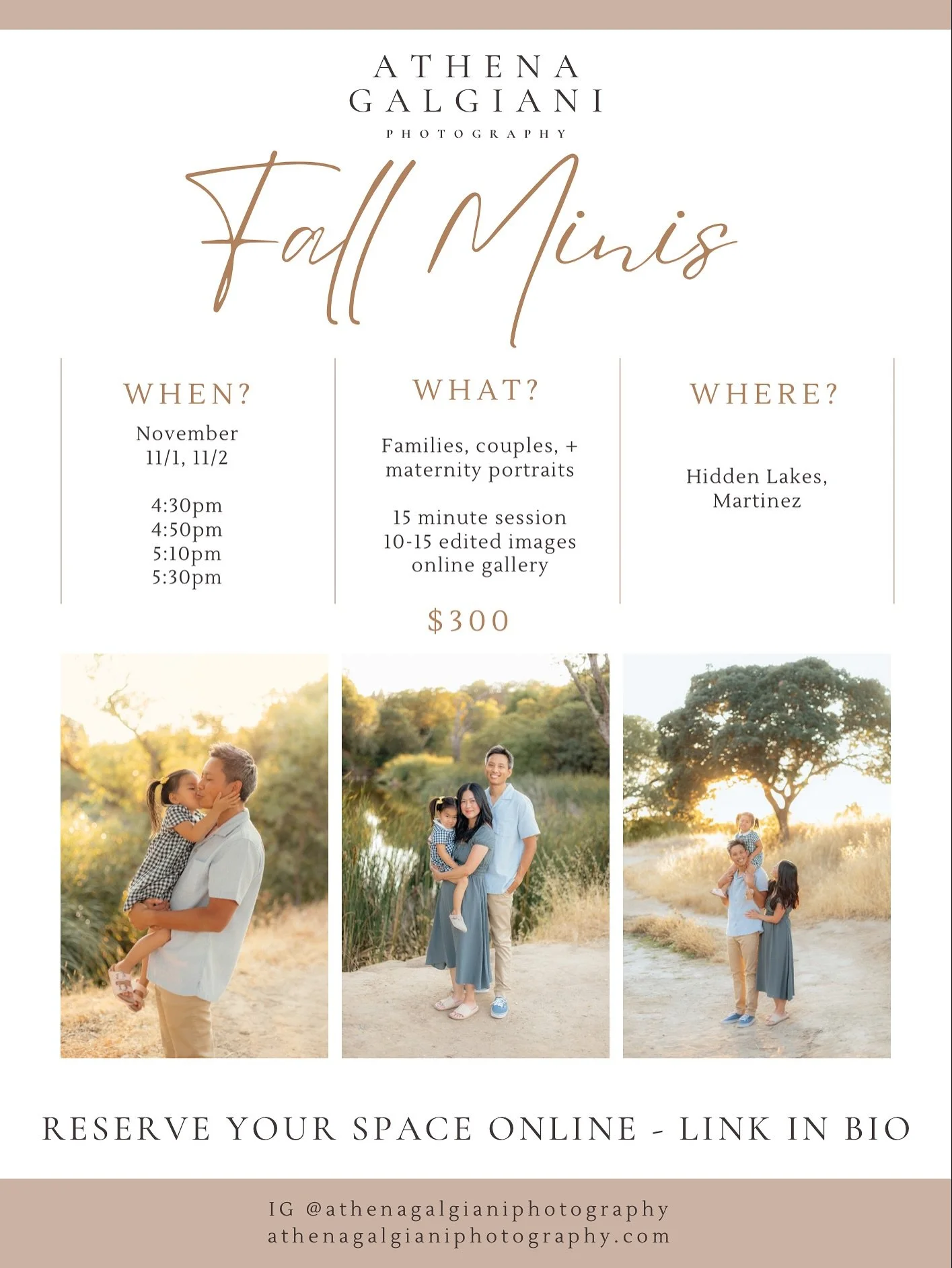 🍂 Fall Petite Sessions at Hidden Lakes, Martinez 🍂
Limited availability just opened&mdash;grab your spot before they&rsquo;re gone!

✨ What&rsquo;s included:
&bull; 15 minute petite session at Hidden Lakes in Martinez
&bull; Delivered in full high-