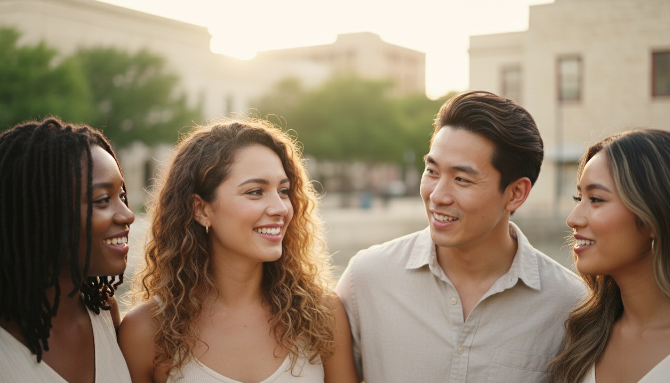a healthy vibrant group of young adults smiling in a natural outdoor setting in San Antonio, Texas
