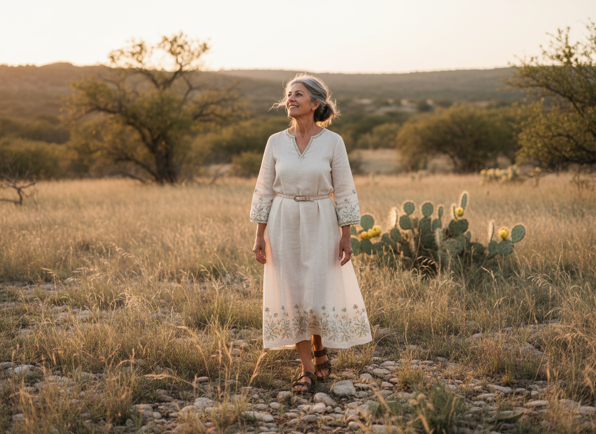 An elegant senior woman walking through a desert landscape during sunset.
