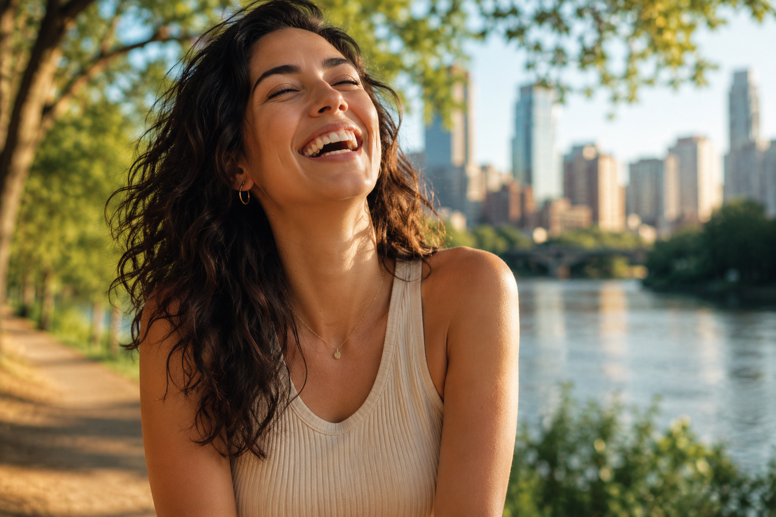 woman laughing freely outdoors after electrolysis permanent hair removal, authentic joy, emotional freedom, natural movement, sunlight through trees, uplifting cinematic lifestyle photography, Austin background