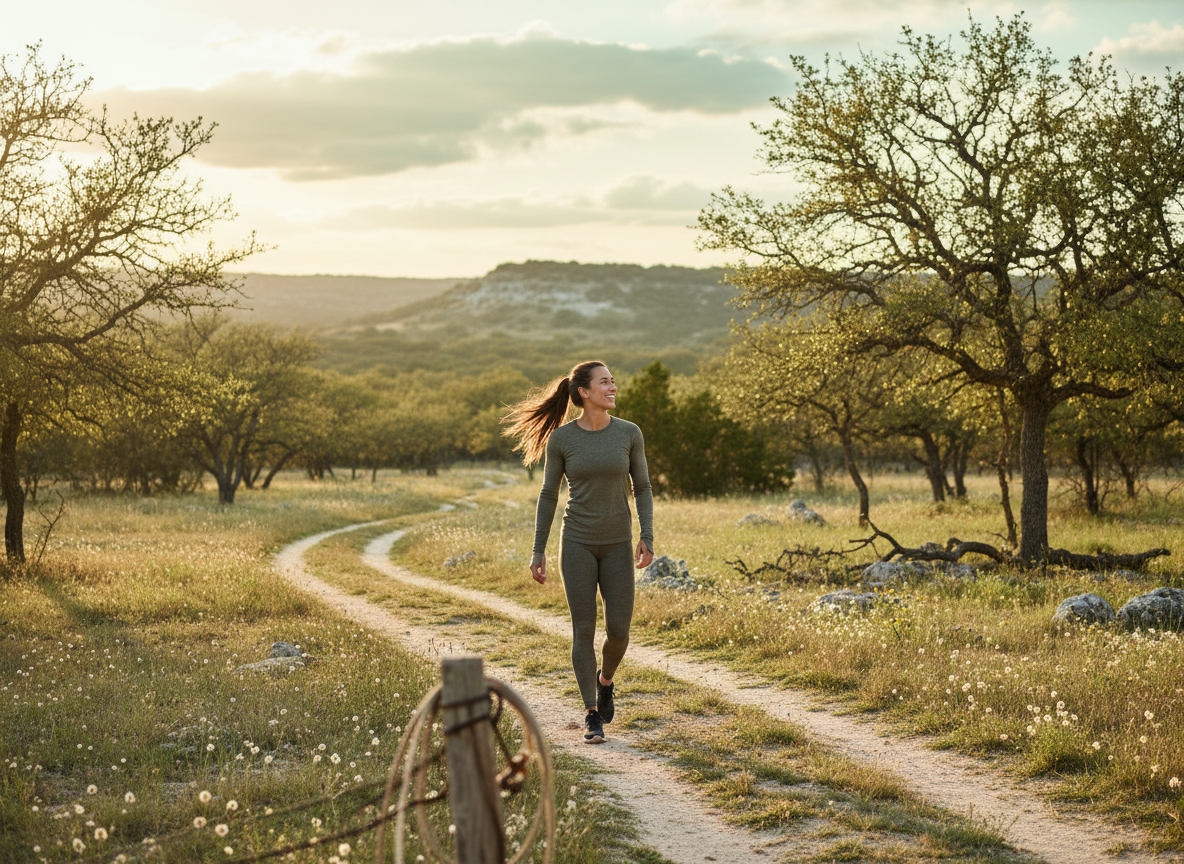 A healthy modern woman jogging along a dirt trail in a grassy field with trees and mountains in the background, during sunset.