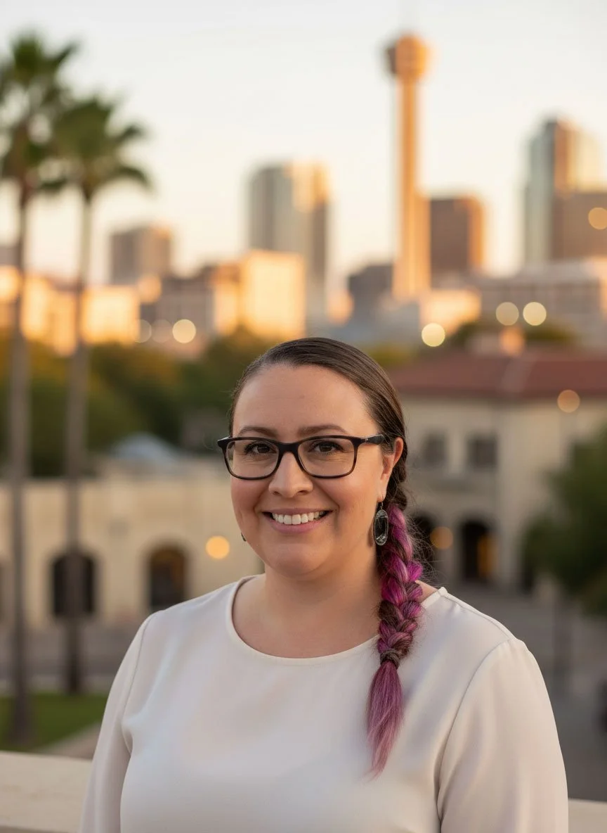 A calm confident electrologist in a natural outdoor urban San Antonio Texas setting