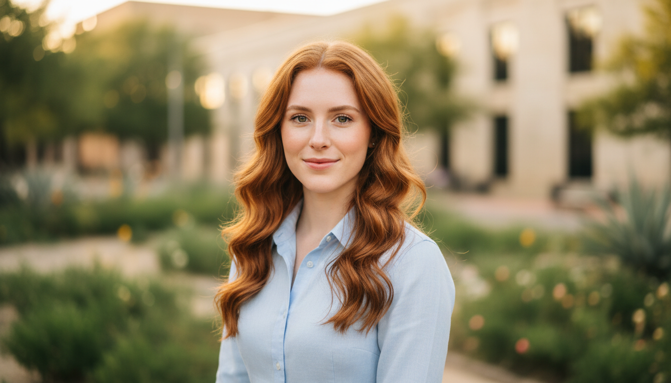 calm confident woman with red hair enjoys a serene evening in San Antonio, post electrolysis treatment