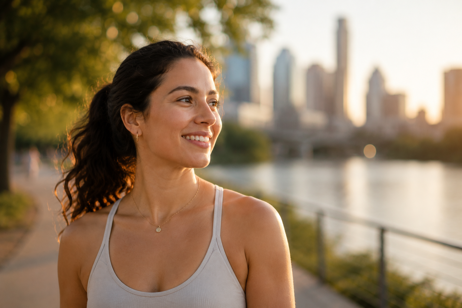 healthy active woman walking outdoors confidently with smooth glowing skin, relaxed smile, natural beauty, soft golden hour light, Town Lake Austin