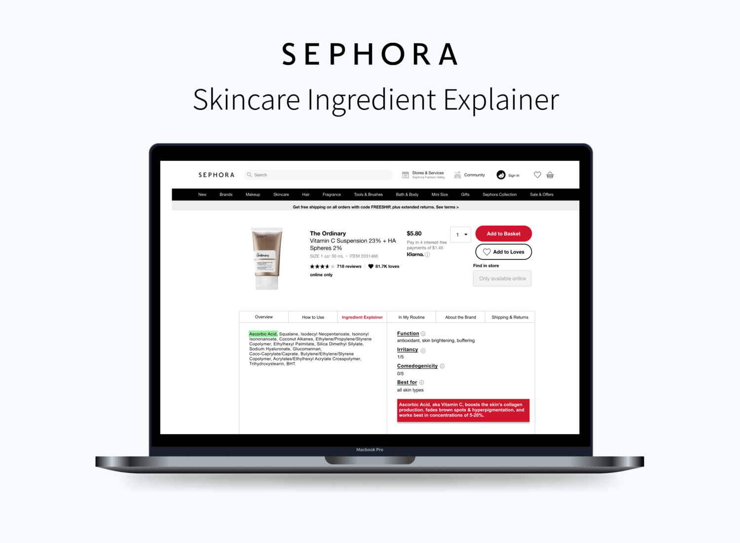 Sephora Skincare Feature - a case study for customers to learn more about skincare ingredients