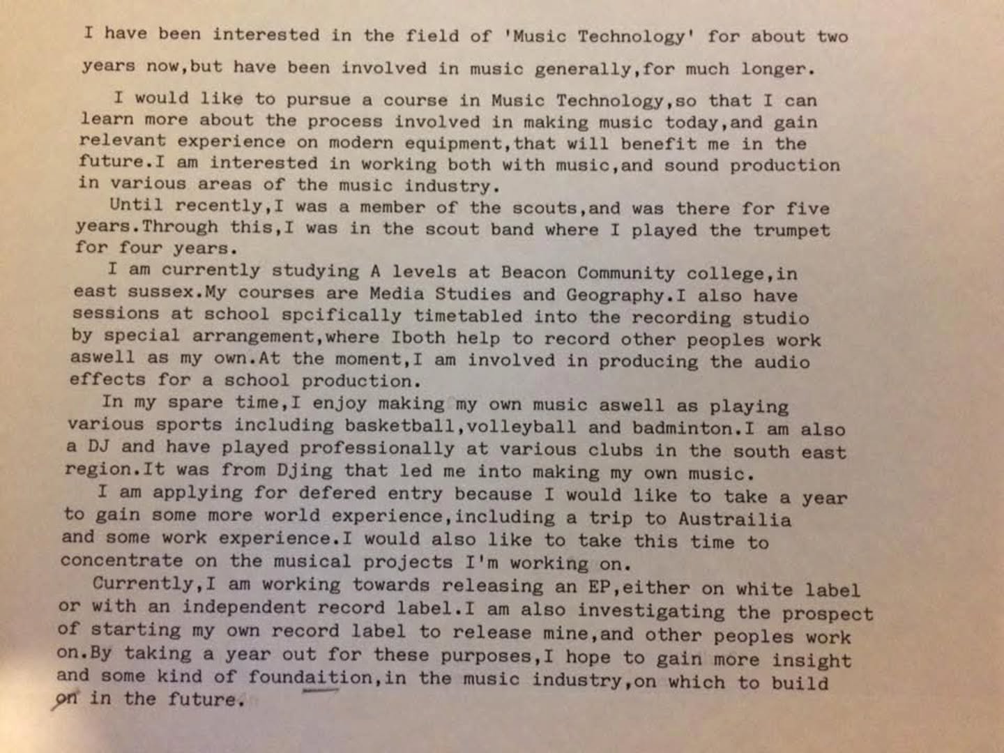 1992 statement of intent ✍️ on a typewriter! 

17 years old. Big dreams and grand plans. Some of which came true. Some of which I can't remember... 😆

👇

I have been interested in the field of 'Music Technology' for about two years now,but have bee