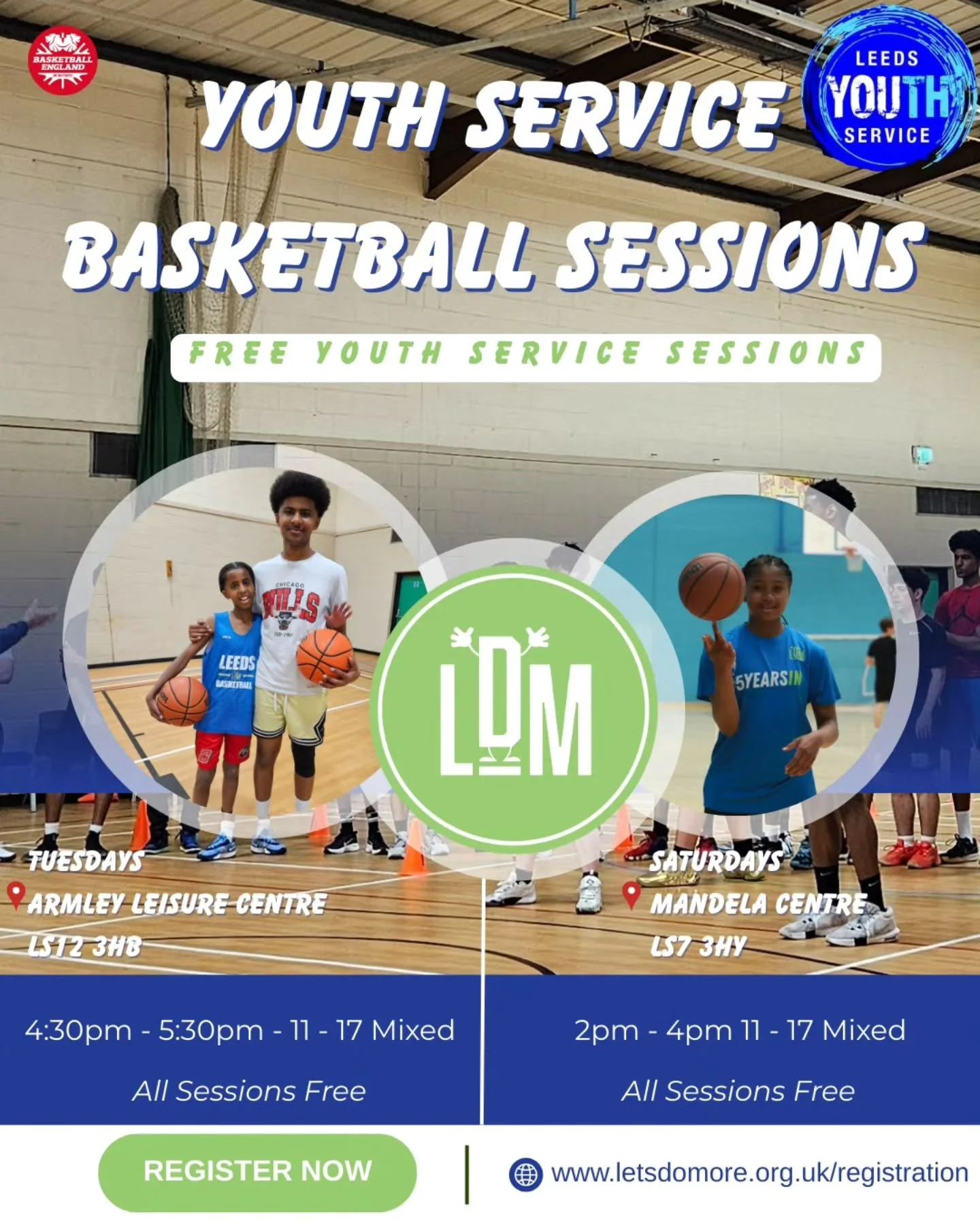 Free Youth Youth Basketball Sessions for 11-17 year olds continue into 2026 alongside @leedsyouthservice &amp; @youthserviceleedsene ‼️
 

No fees. No trials. Just hoops. 🏀

📍 Armley Leisure Centre (Tuesdays)
📍 Mandela Centre, Chapeltown (Saturday