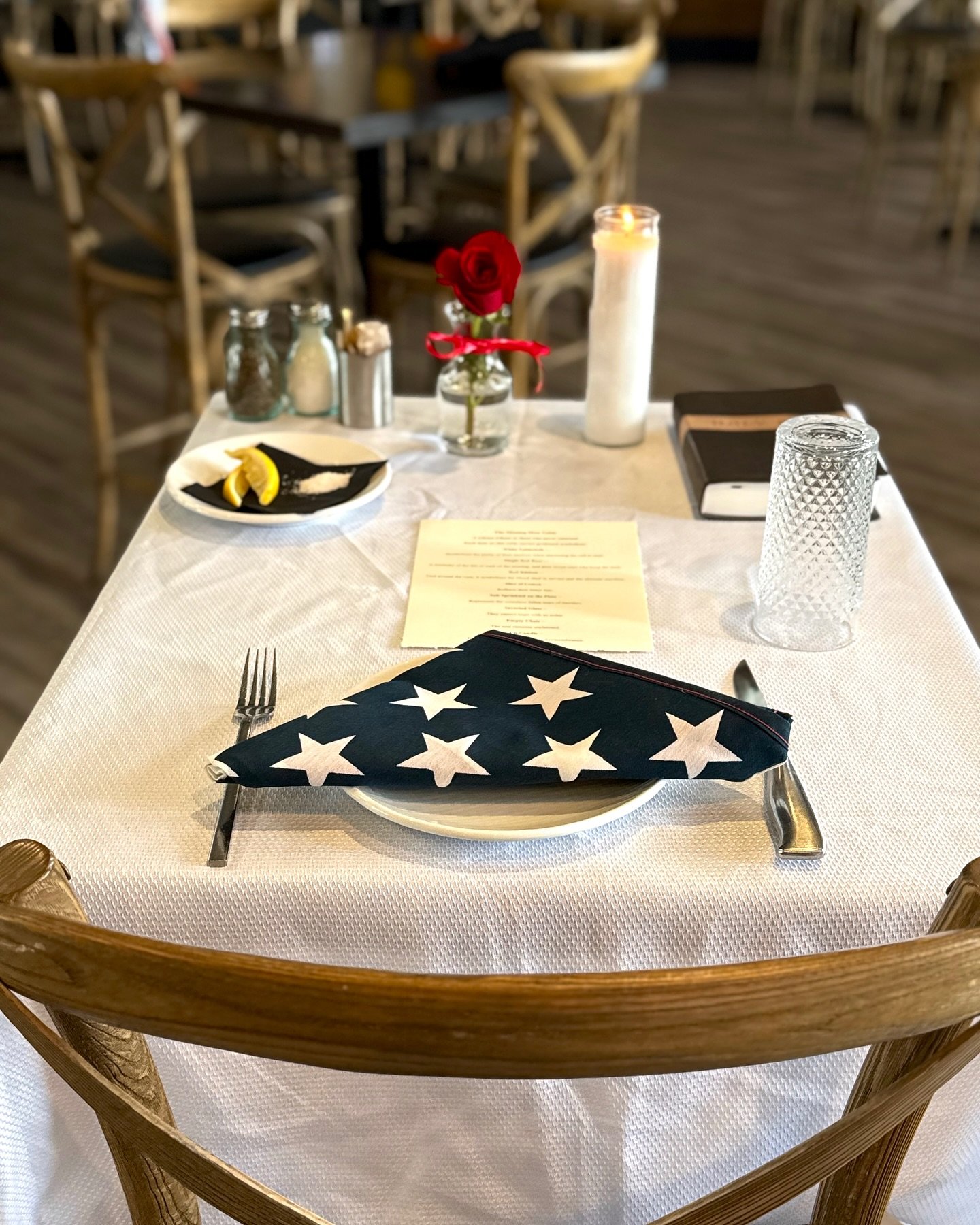 In Honor of Memorial Day, we will have our missing man table set 🇺🇸🤍

We will be open running our usual 2 for 1 prime rib special Monday, May 26th. Thank you to all who served and cheers to those we remember and honor! ✨