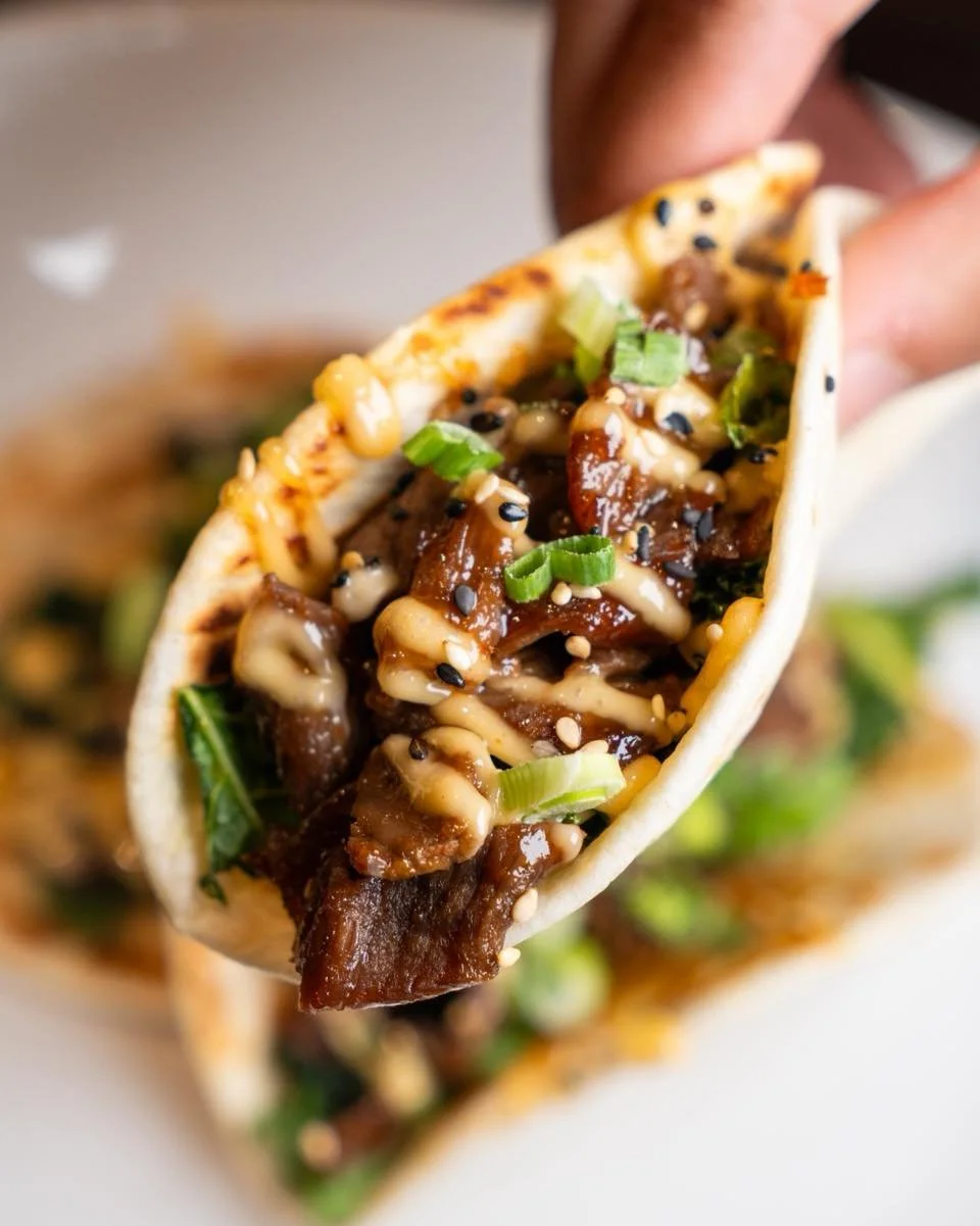 You don&rsquo;t want to miss this! Our Korean BBQ Beef Tacos are stacked with smoky-sweet beef, crisp kale slaw, spicy aioli, and fresh scallions on a warm flour tortilla.