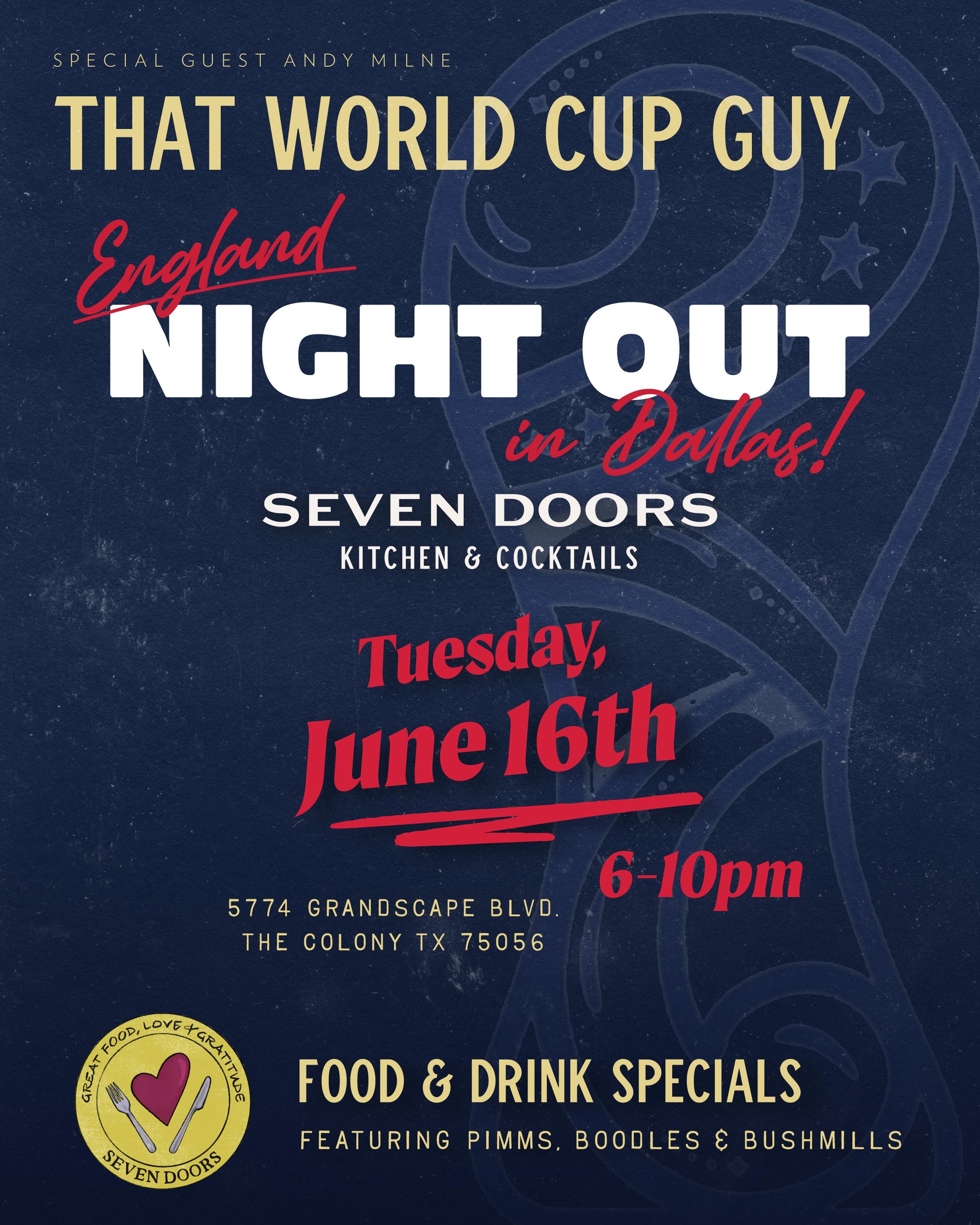 🏴⚽ England Night is almost here! ⚽🏴

On Tuesday, June 16, Seven Doors Kitchen &amp; Cocktails becomes the home base for England supporters during the World Cup.

Join us for an unforgettable evening featuring:
🎤 Special guest @that_world_cup_guy
?