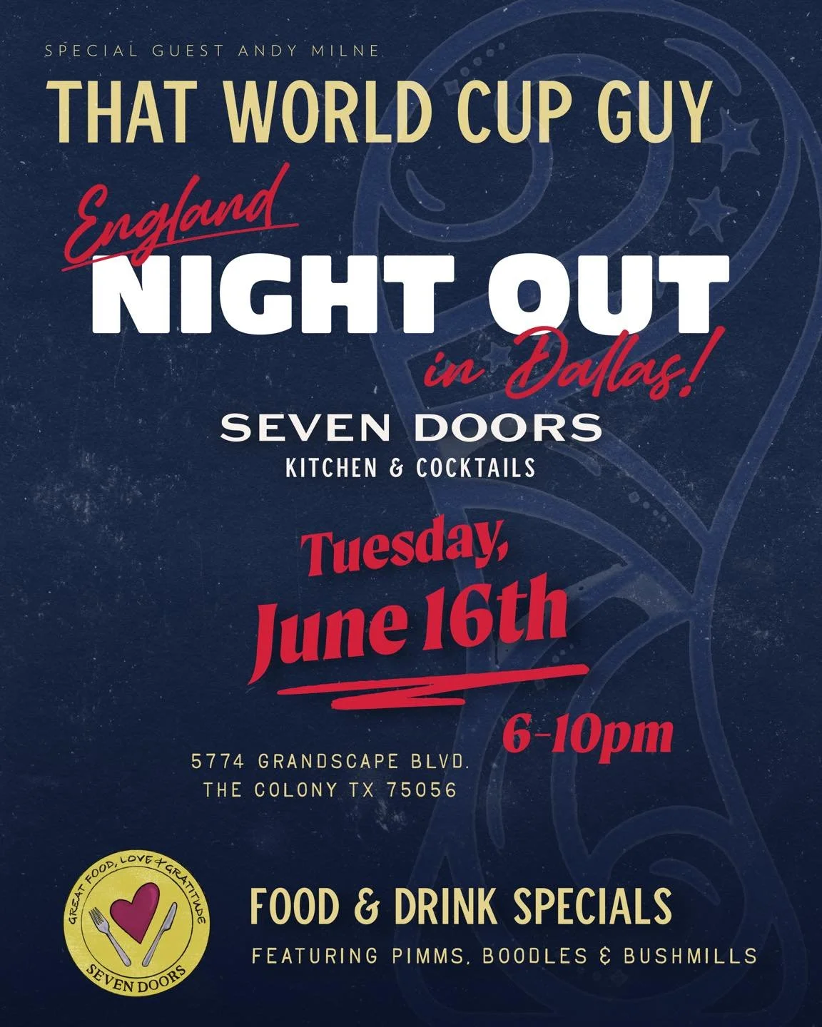 The countdown is on 🏴⚽

England Night at Seven Doors is just around the corner, and tables are filling fast for one of the biggest World Cup watch parties in DFW.

Join fellow England supporters on Tuesday, June 16 for a night of football, live musi