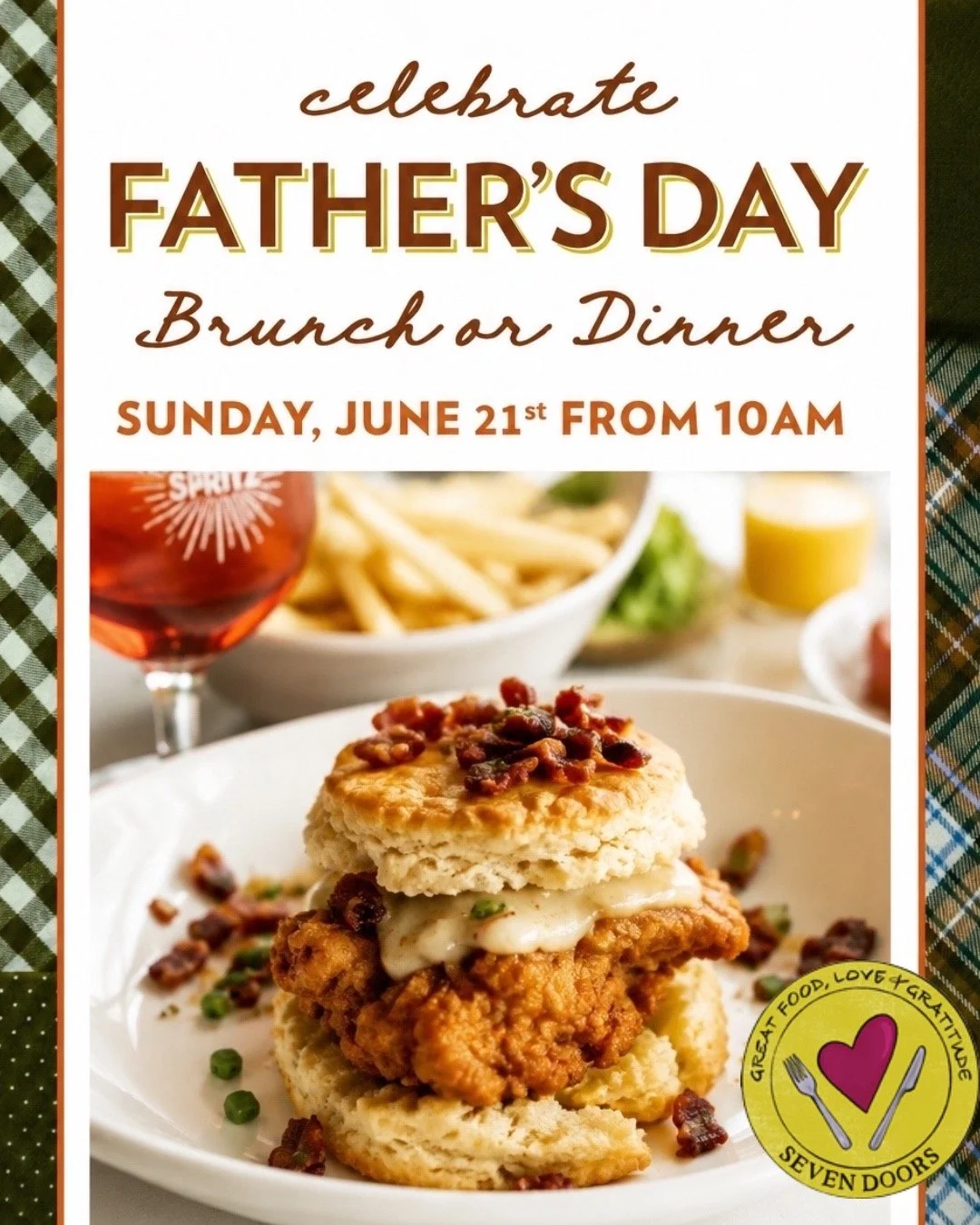 Father&rsquo;s Day is tomorrow 🍻🥩

Celebrate Dad the Seven Doors way with chef-crafted specials, hand-cut steaks, fresh seafood, brunch favorites, and signature cocktails, plus our exclusive Father&rsquo;s Day menu by Executive Chef Jake Quintana.
