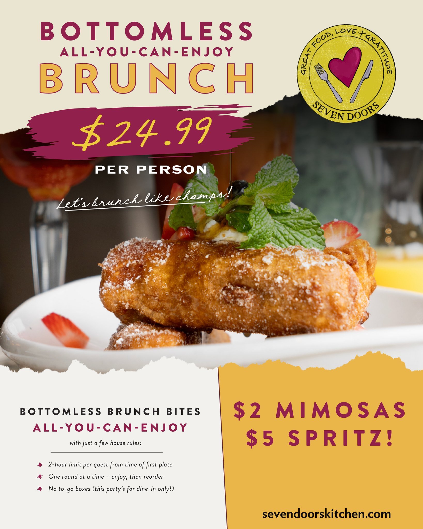 ✨ COMING SOON - AUGUST 8TH ✨

🥂 Bottomless Brunch is coming to Seven Doors Kitchen &amp; Cocktails!

Starting August 8th, gather your friends and family for an elevated brunch experience featuring unlimited chef-crafted favorites, handcrafted cockta