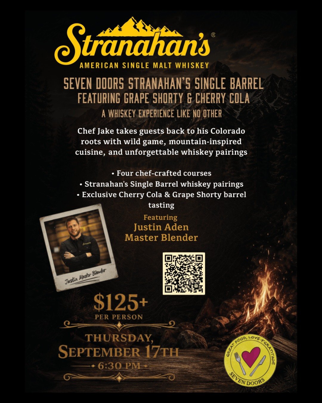 Limited seats. Exclusive barrels. One unforgettable night. 🥃

@chefjquintana takes you from the mountains of Colorado to Seven Doors with a four-course wild game dinner paired with two exclusive @Stranahans Single Barrel whiskeys: Cherry Cola and Gr