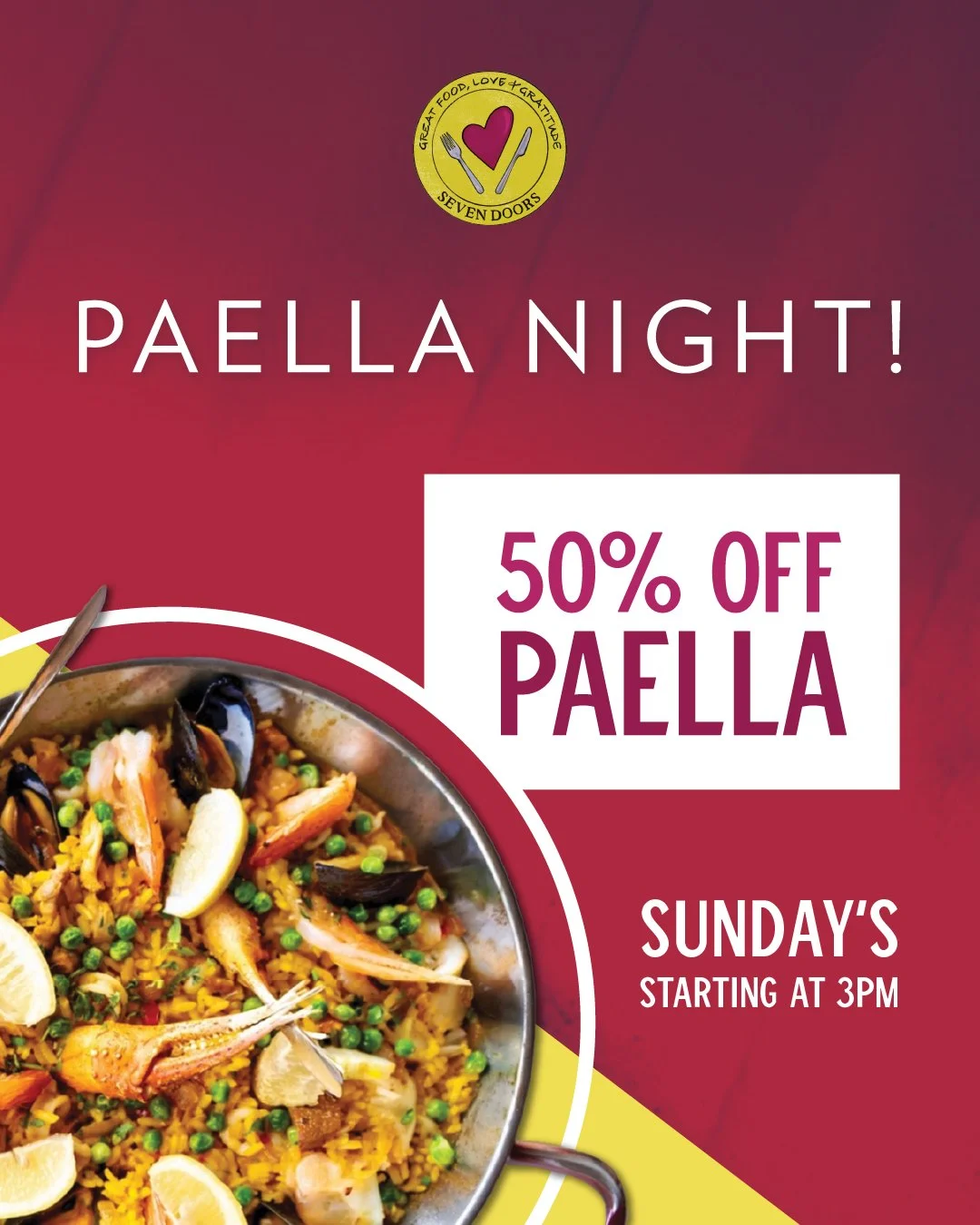 Make Sunday dinner a little more special 🥘

Our signature paella is 50% off every Sunday starting at 3 PM, so gather your favorite people and order a pan for the table.

Loaded with seafood, chicken and all the good stuff, it&rsquo;s the kind of mea
