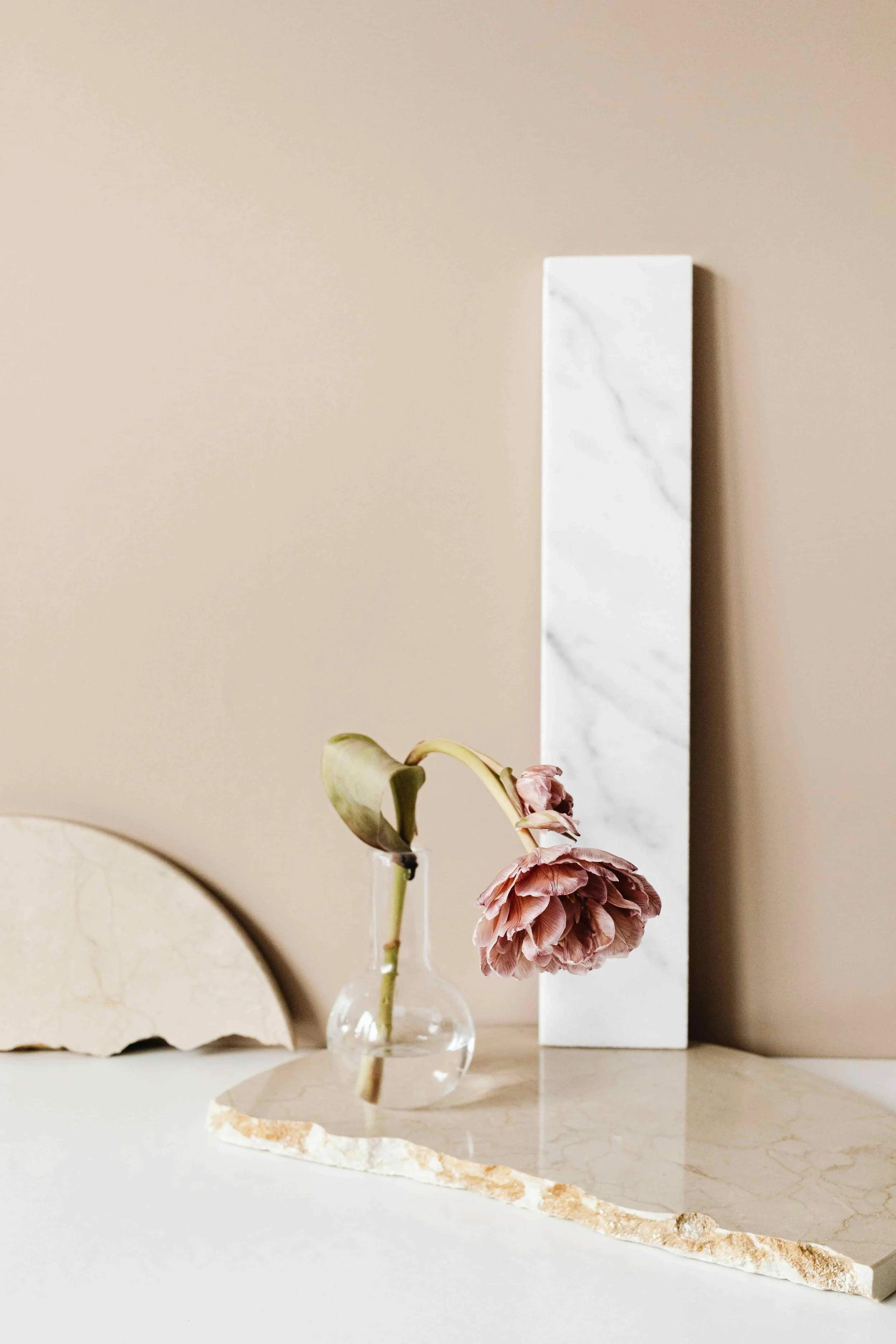 A dried pink flower in a small glass vase.