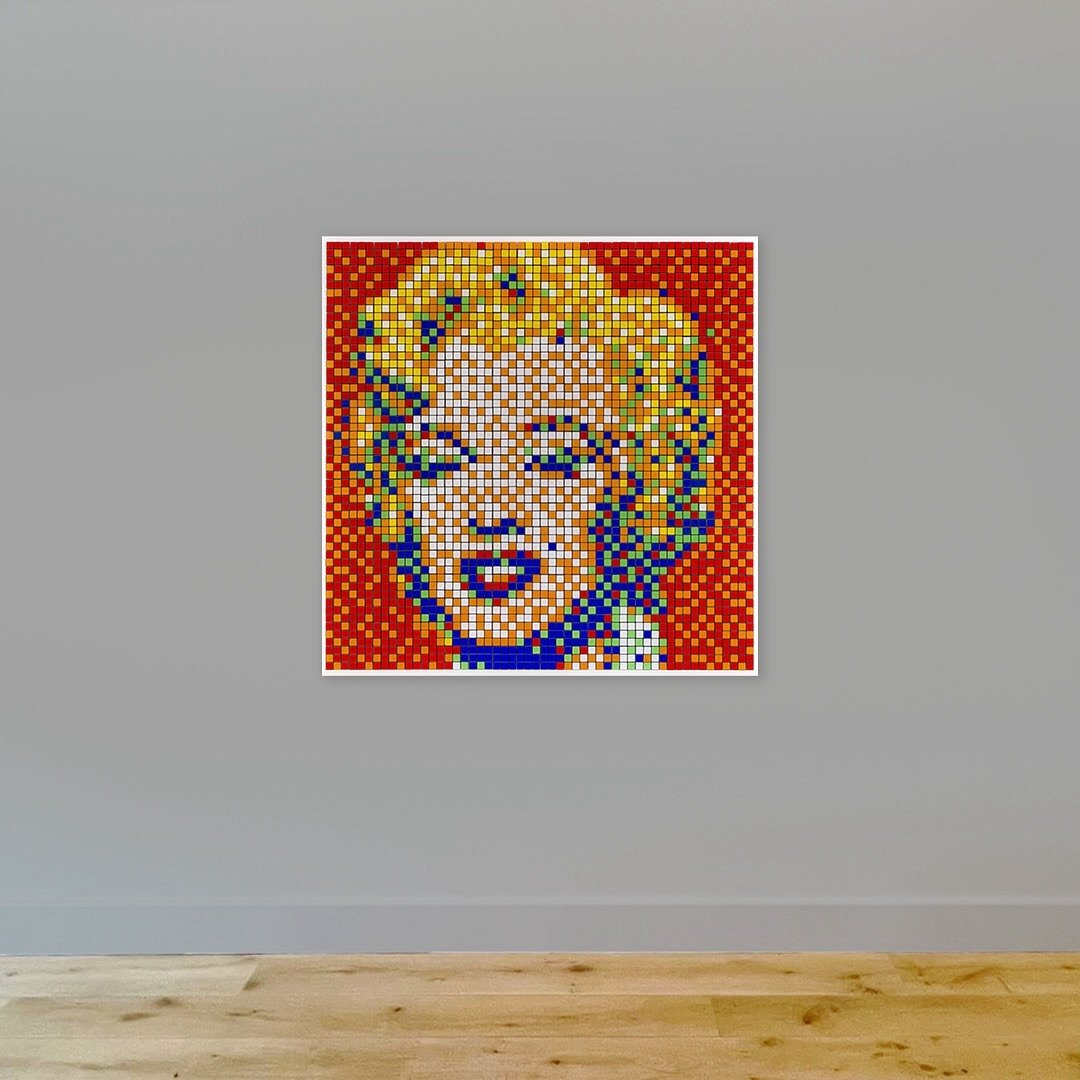 Rubik Shot Red Marilyn was created as part of Invader&rsquo;s 2023 series &lsquo;Rubik Master Pieces&rsquo;, where he manipulates Rubik&rsquo;s cubes to reproduce major works of art using their restrictive six colours. The famous paintings are transf