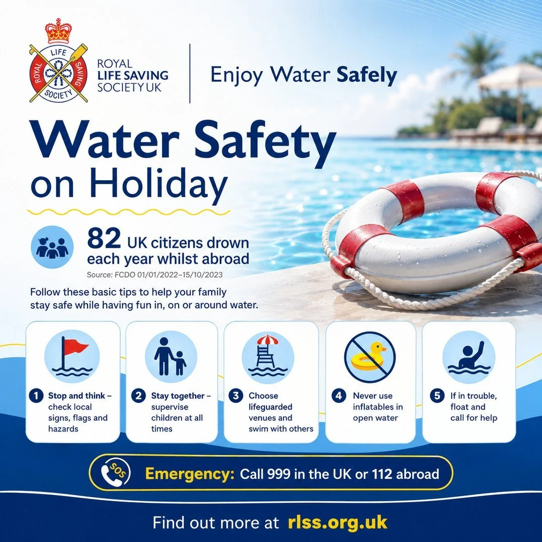 Heading away this summer? Make sure water safety is part of your holiday planning.⁠
⁠
Whether you are staying in the UK or travelling abroad, always stop and think around water, check local signs and flags, supervise children closely, choose lifeguar