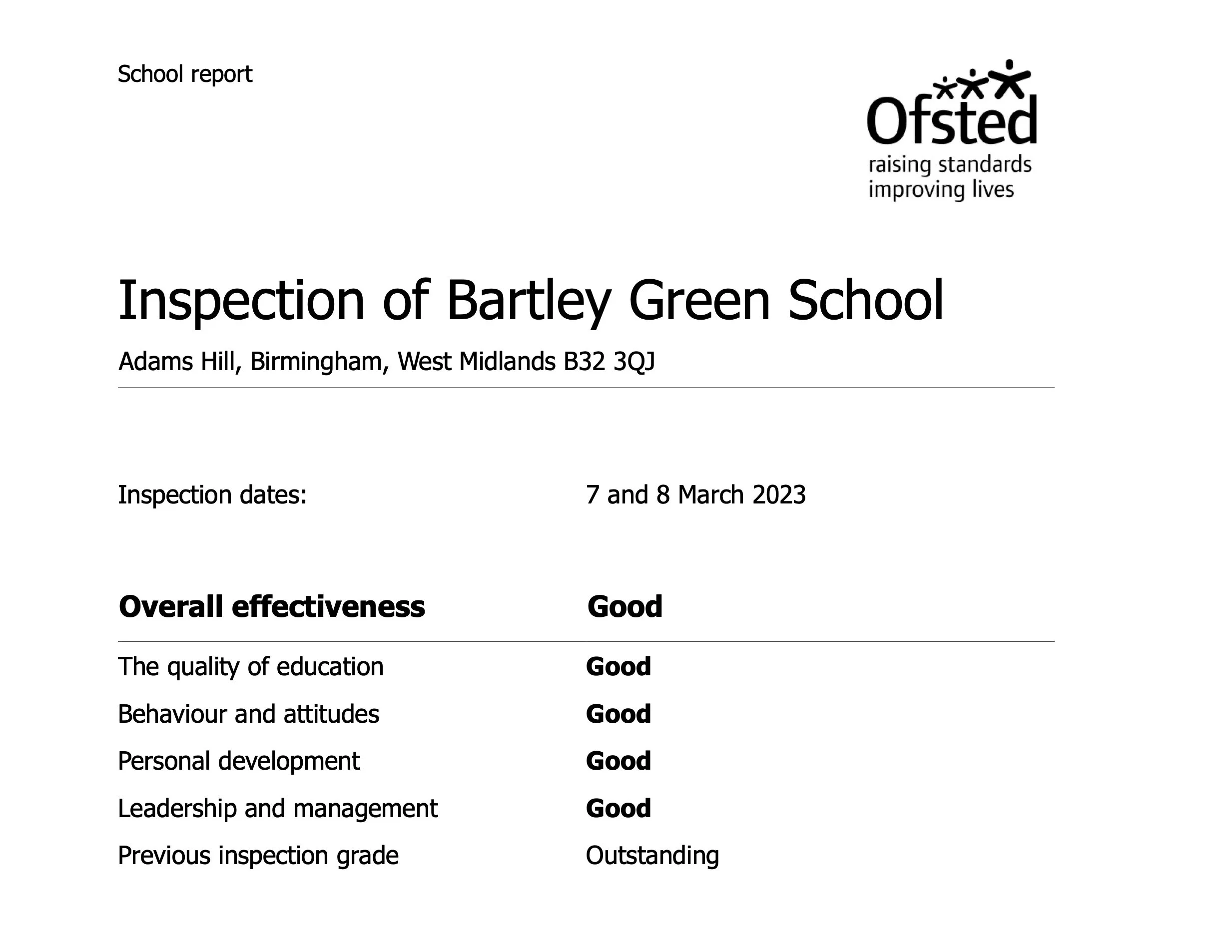 Ofsted Report 2023 — Bartley Green School