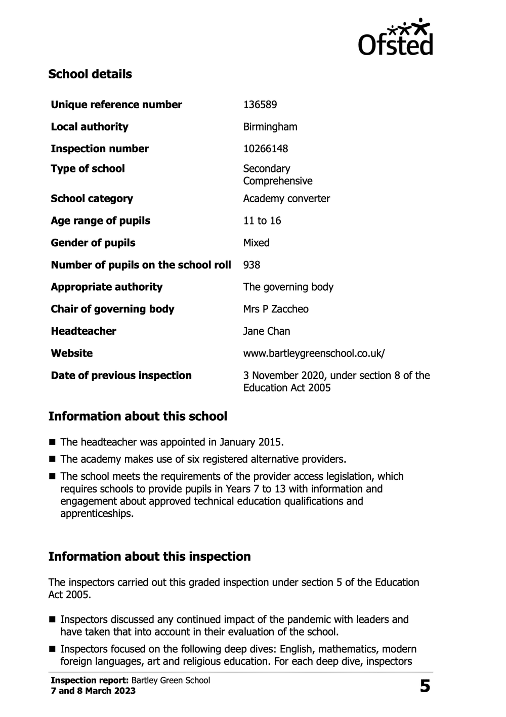 Ofsted Report 2023 — Bartley Green School