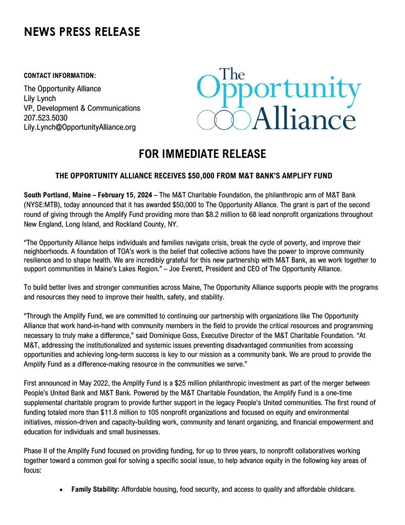 THE OPPORTUNITY ALLIANCE RECEIVES $50,000 FROM M&T BANK’S AMPLIFY