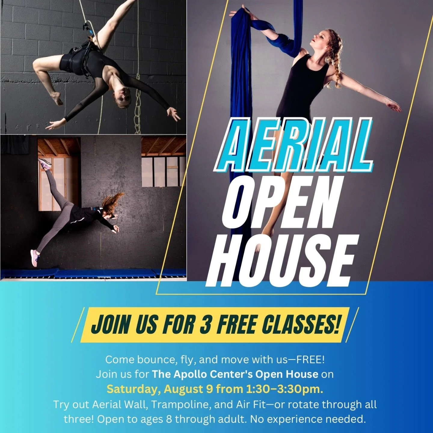 ✨️🎪You're Invited to Our Aerial Studio Open House!🎪✨️

📅 Saturday, August 9th | 🕜 1:30&ndash;3:30 PM | 🎟️ FREE

Come experience the magic of movement at our Open House Event! Whether you're brand new or curious about trying something different, 