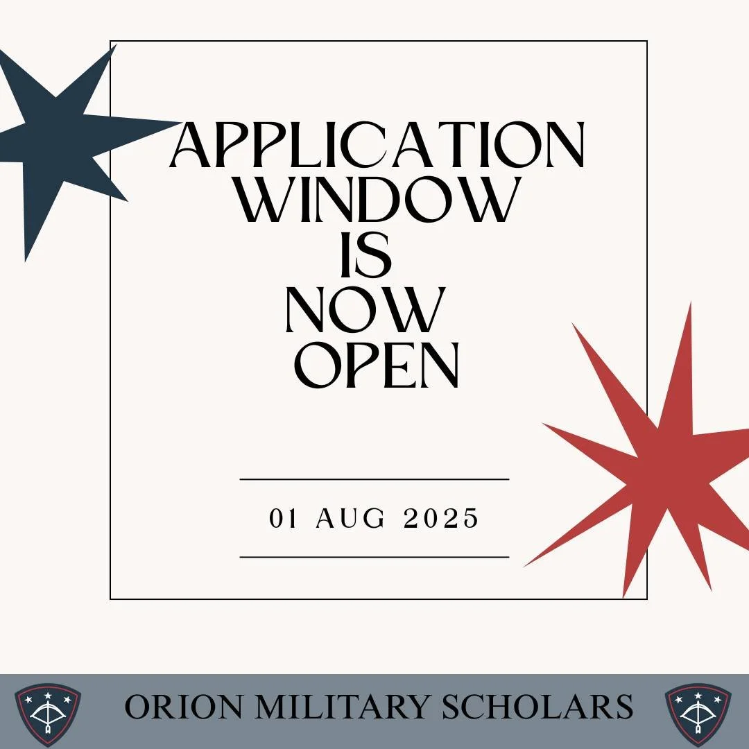 Orion Military Scholarships' application window is now open! Check out our website to start the process!

https://www.orionmilitary.org/application

#orionmilitaryscholarships #militaryteens #MilitaryFamilies #militarymove #pcsseason #stability #boar