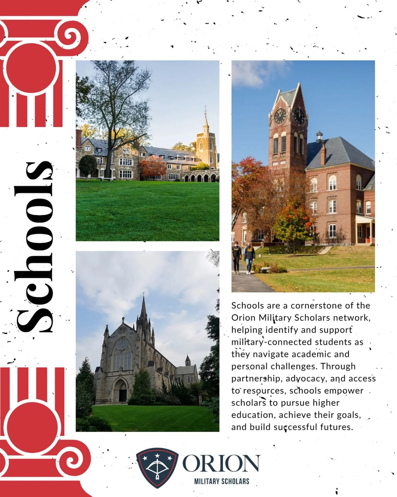The Schools Pillar is built on the belief that strong partnerships create stronger outcomes. By working alongside educational institutions, Orion Military Scholars helps expand opportunities, strengthen support systems, and ensure military connected 