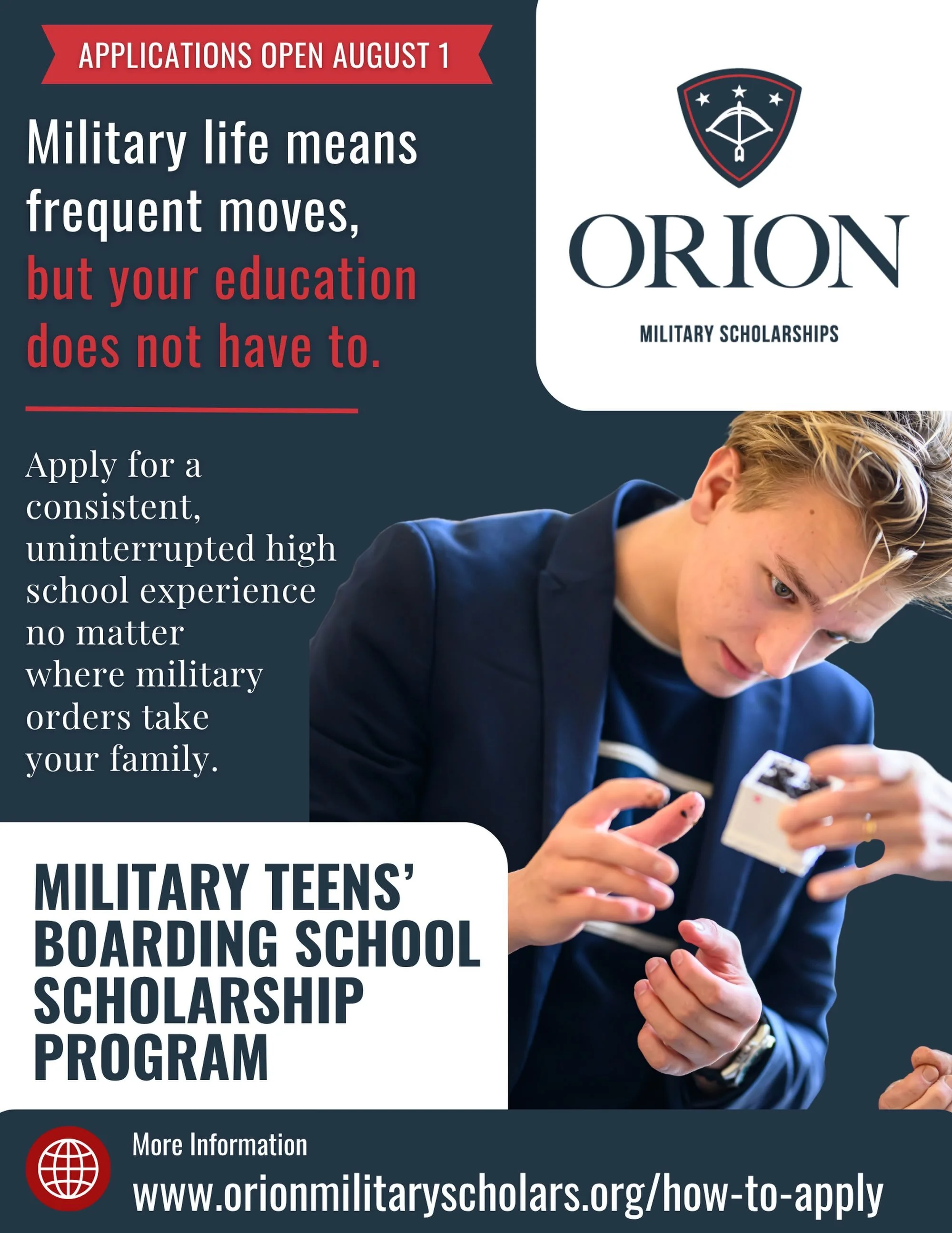 What if you didn&rsquo;t have to start over every time your family moved?

You deserve a high school experience with stability, lasting friendships, and opportunities to thrive. Orion Military Scholars helps eligible military teens attend boarding sc