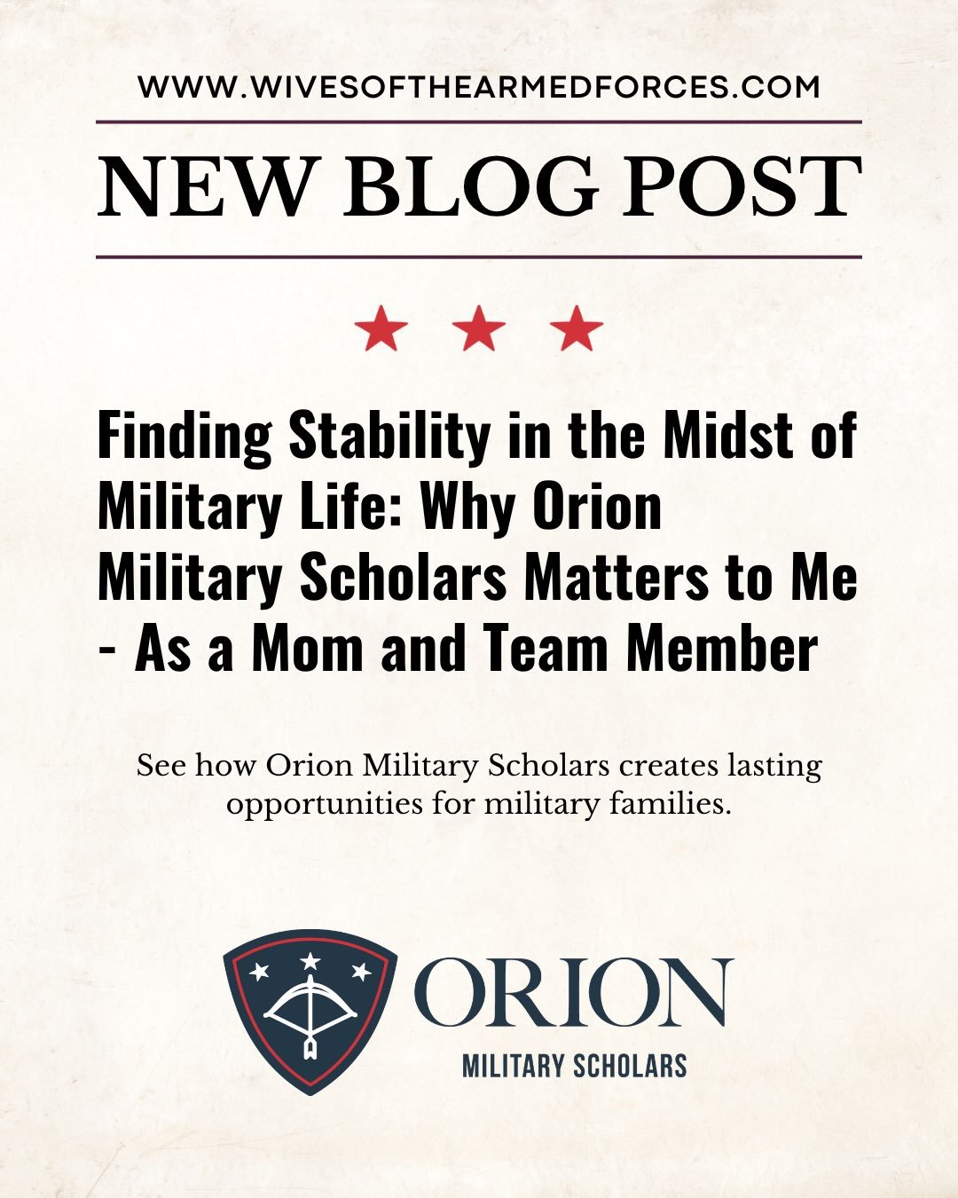 Military families know that change is constant, but every child deserves the opportunity to learn, grow, and thrive with educational stability.

We are grateful to Wives of the Armed Forces for featuring Orion Military Scholars and sharing Caitlin&rs