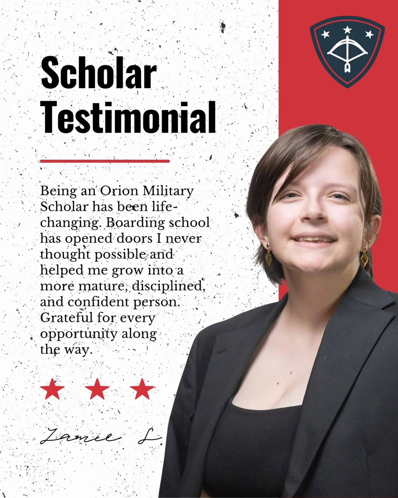 Honored to share this testimonial from our 2026 graduate, Jamie S. Jamie&rsquo;s story is a powerful reminder of how access to opportunity can shape a student&rsquo;s future. After attending Tilton School through Orion Military Scholars, Jamie is now