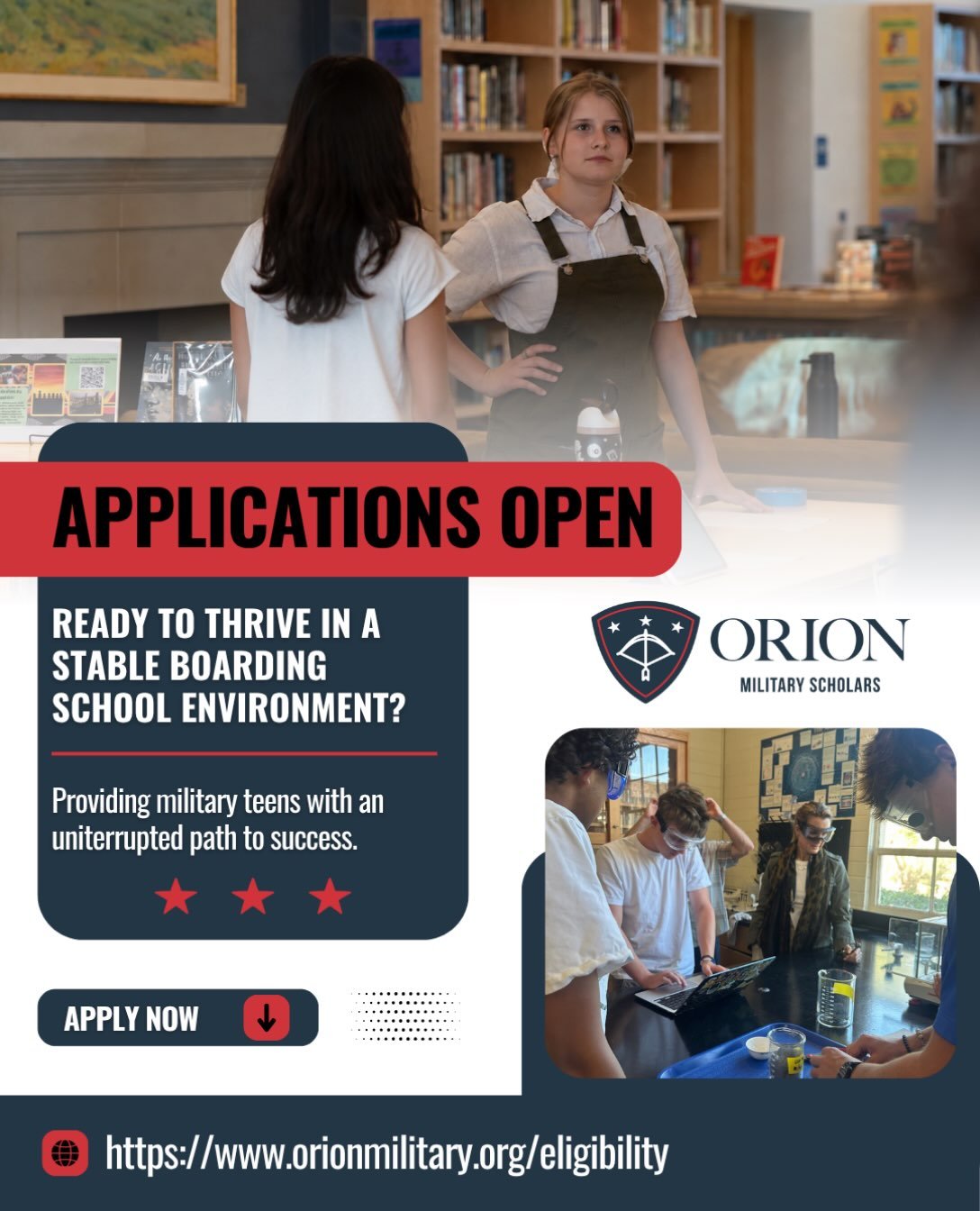 Applications for Fall 2027 boarding school enrollment through the Orion Military Scholars Program are now open!

Orion Military Scholars provides eligible children of active duty U.S. military families with access to merit scholarships, school financ