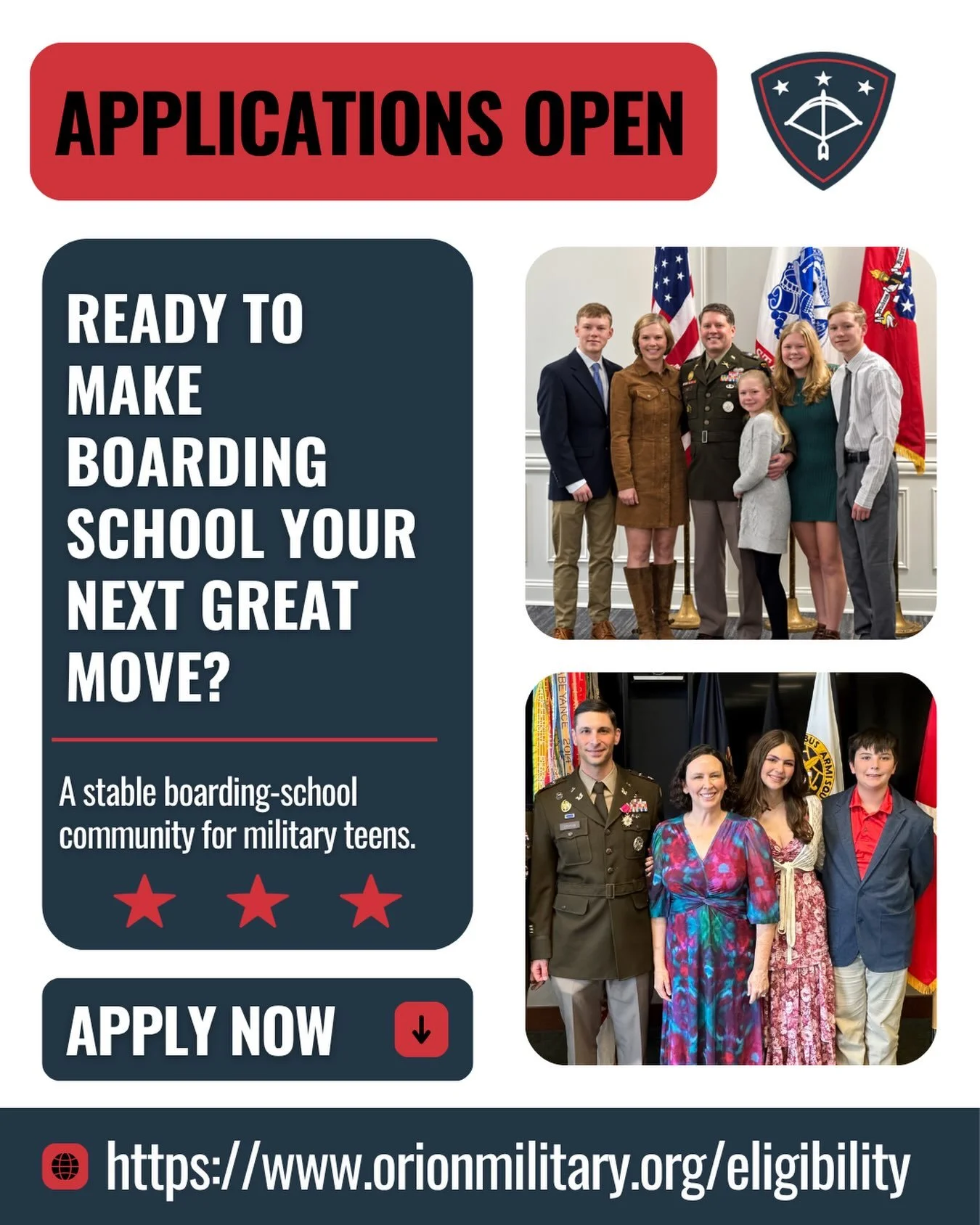 Ready to make boarding school your next great move? Orion Military Scholars helps military teens access a stable, supportive boarding-school community where they can grow, thrive, and reach their full potential.

Know a military family who could bene