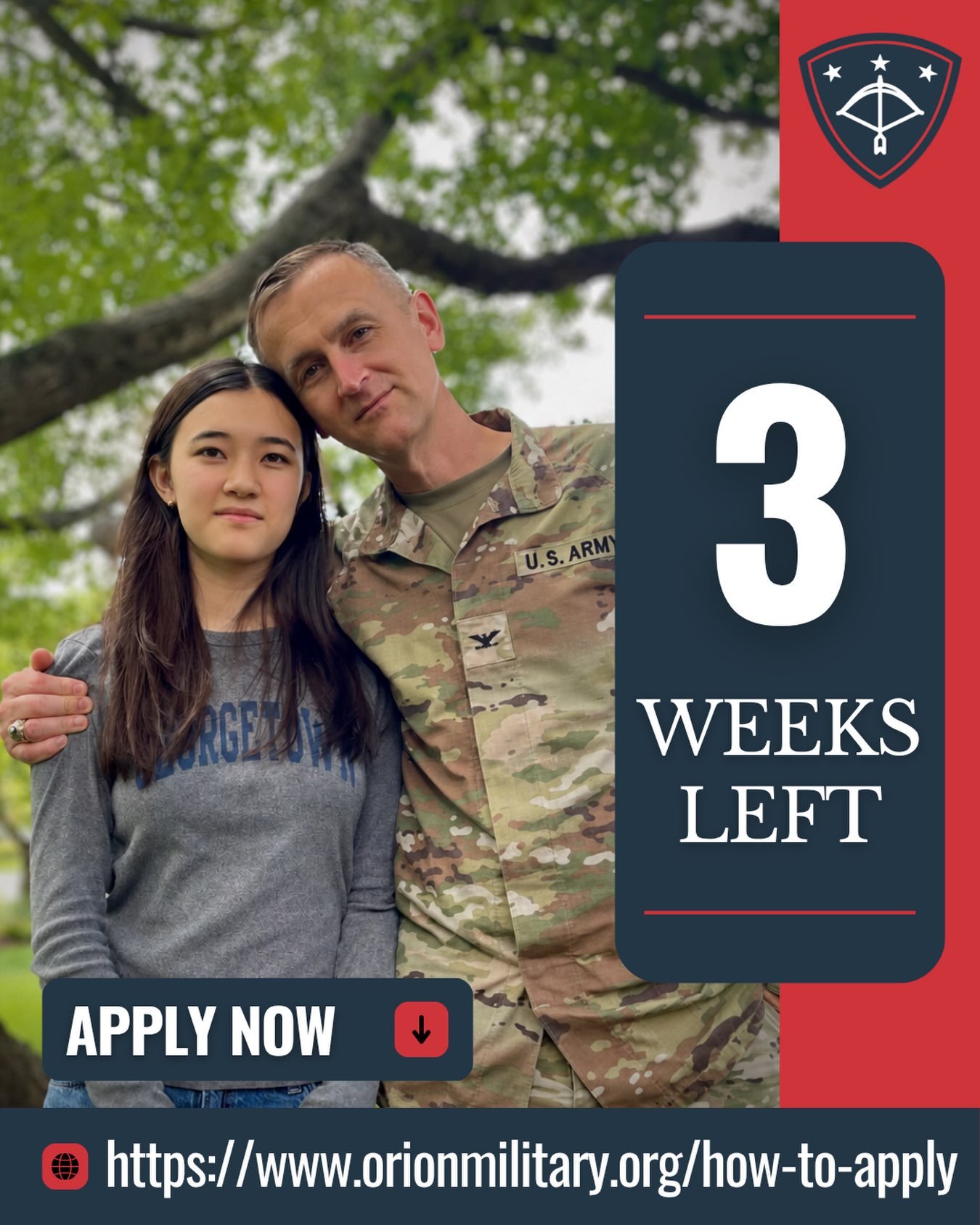 The countdown is on! Applications for Orion Military Scholars are open, and there are just 3 weeks left to complete Step One of the application process!

At Orion, we believe every military-connected student deserves the opportunity to thrive academi