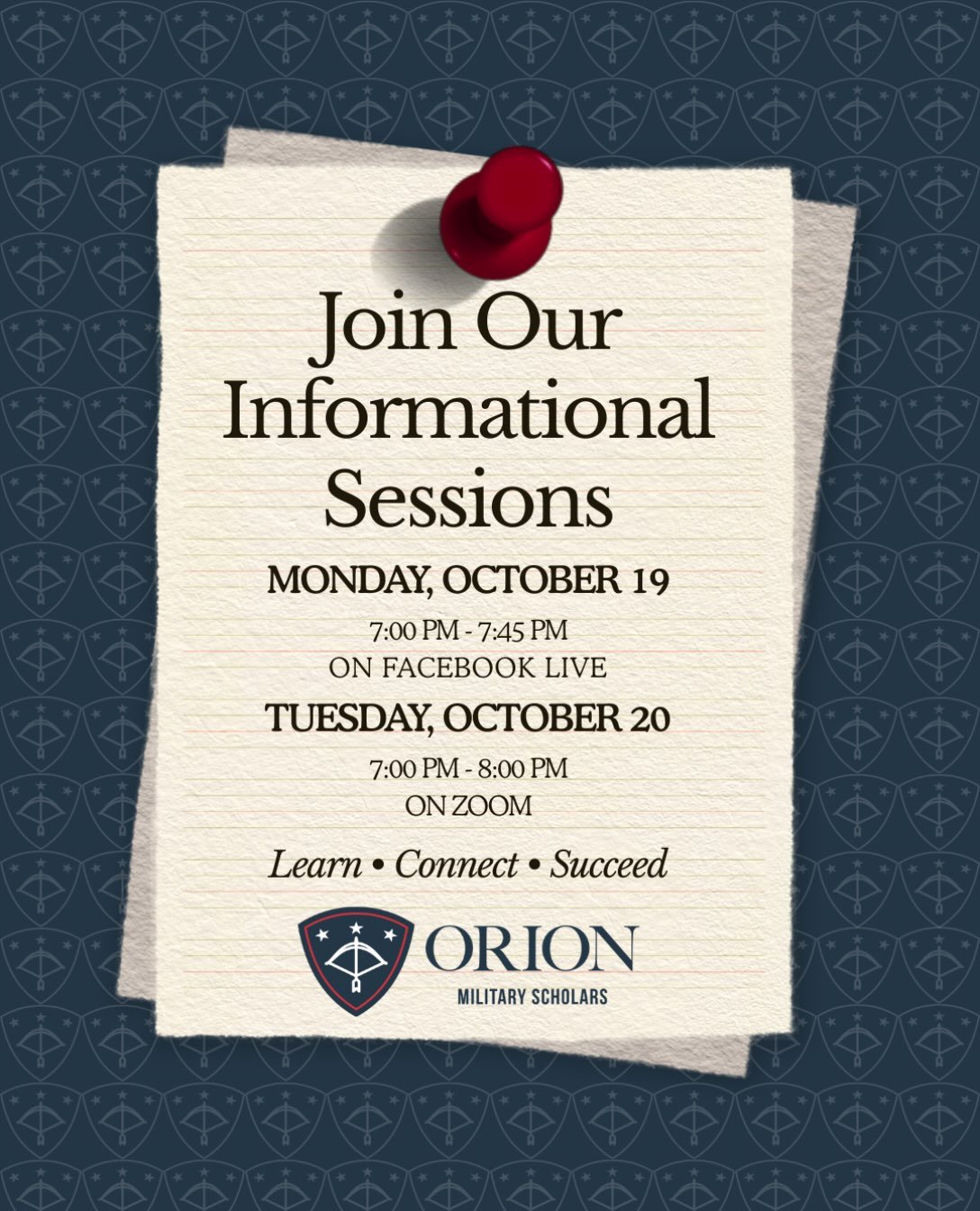 Curious about what Orion Military Scholars has to offer? Join us for our upcoming Live Information Sessions to learn more about our program, the application process, and the opportunities available to U.S. military-connected students!

Facebook Live 