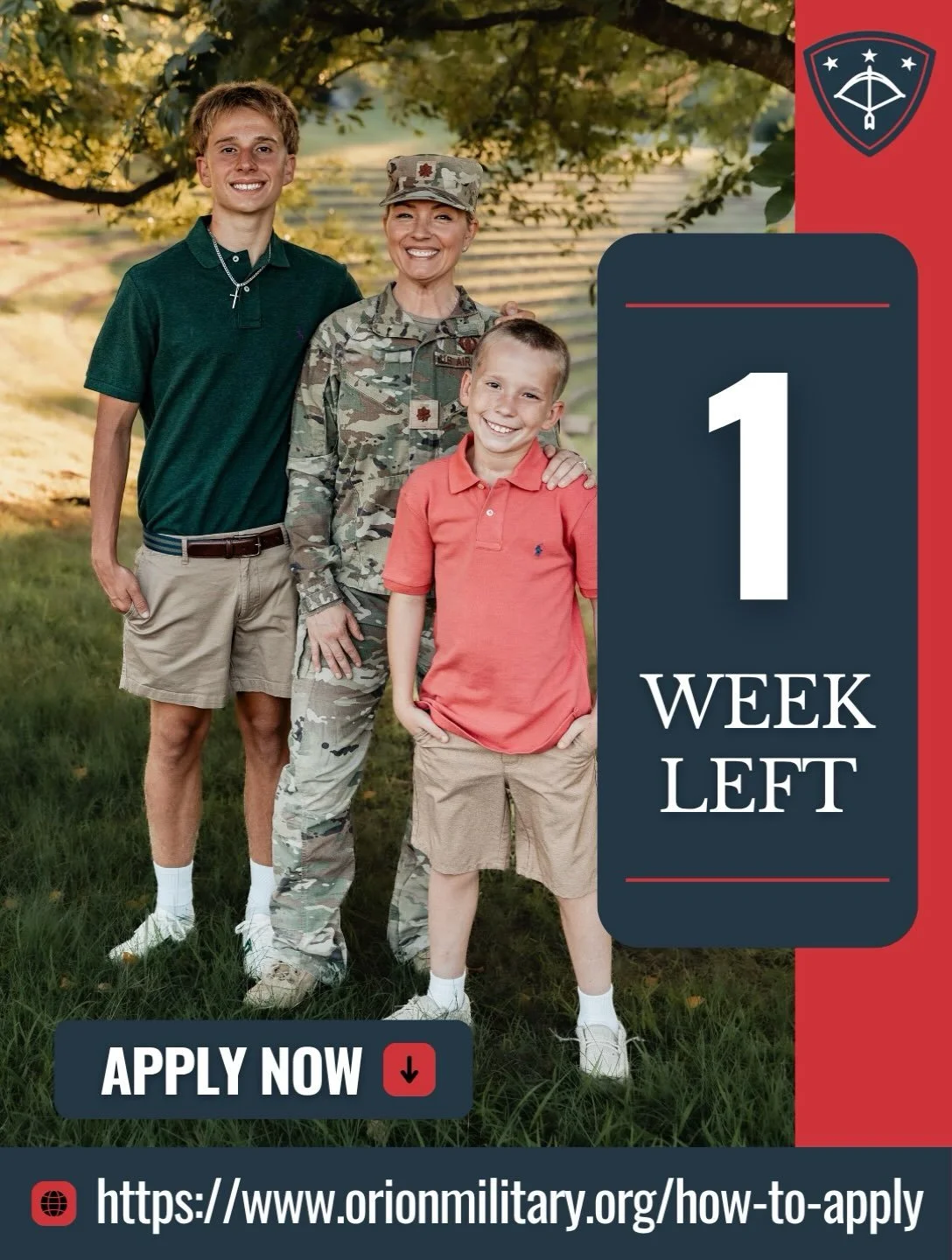 Just 1 week left! The countdown is on! Applications for Orion Military Scholars are open, and the deadline to complete Step One of the application process is quickly approaching!

At Orion, we believe military-connected students deserve access to a s