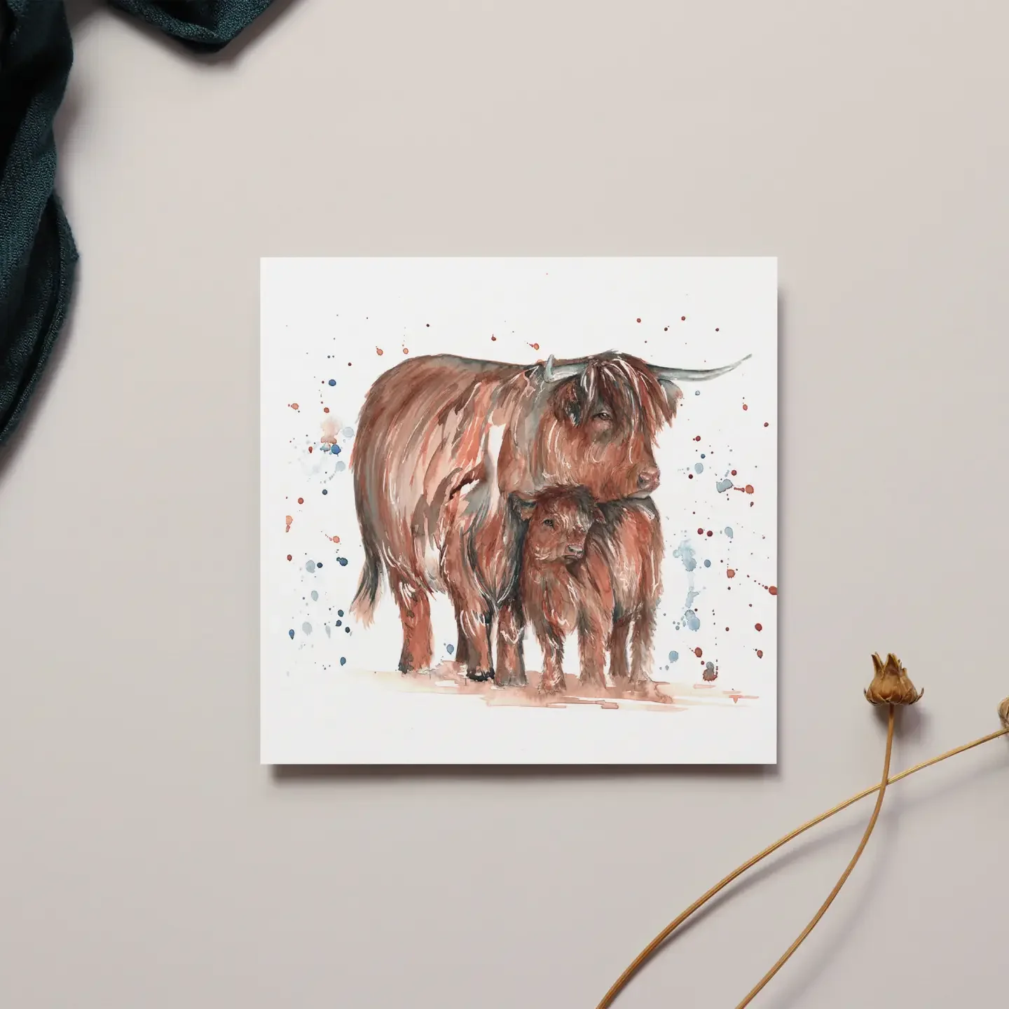 Highland Cow and Calf Watercolour Greetings Card