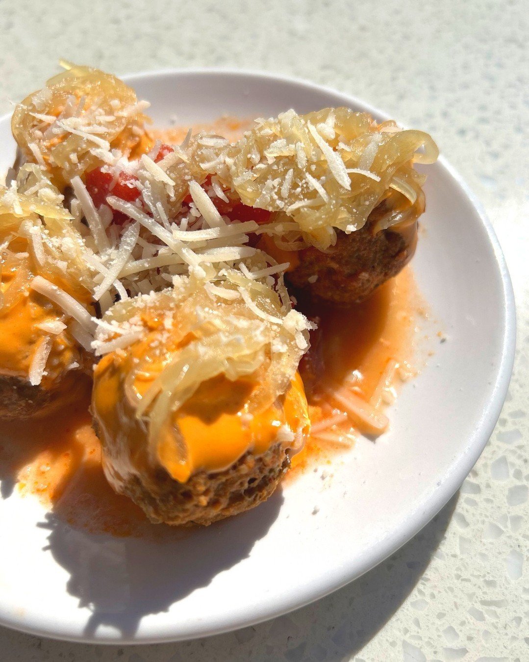 ALBONDIGAS ✨ pork and beef braised meatballs, guajillo cream, onion jam &amp; cotija cheese