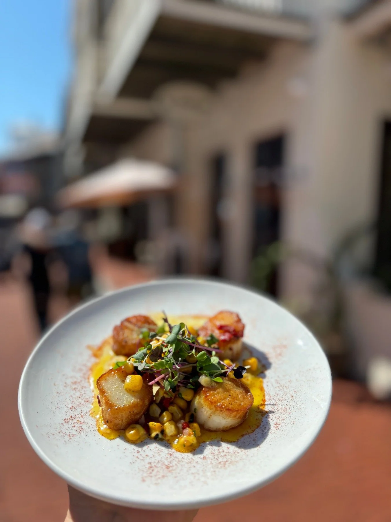 SCALLOPS ✨ four pan seared wild scallops, aji amarillo, brown butter, charred corn relish