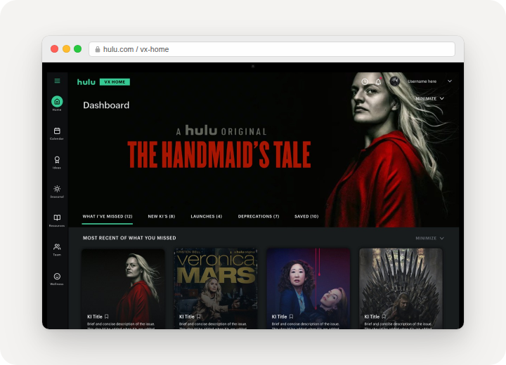 Screenshot of Hulu dashboard featuring 'The Handmaid's Tale' promotion, with a woman in red cloak on the right and other show thumbnails below.